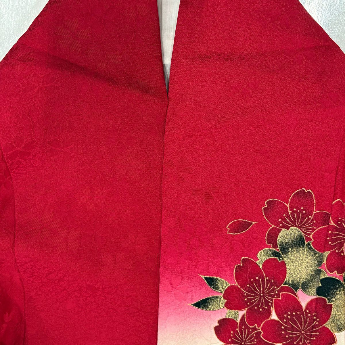 振袖禮服 身長168cm 袖長69cm L 雙層 牡丹 櫻花 刺繡 金金箔 紅 純蠶絲 名品級