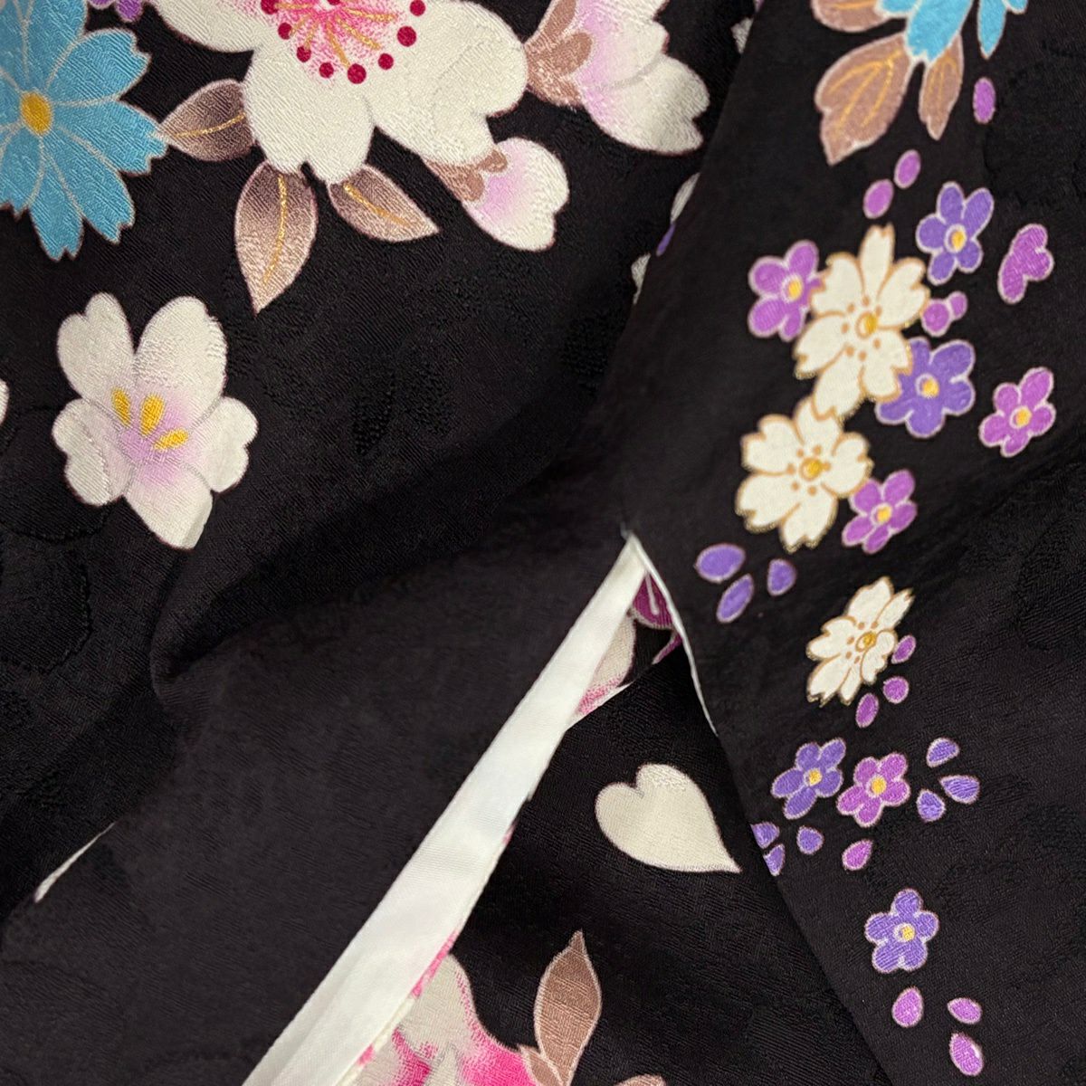 振袖禮服 身長168cm 袖長68.5cm L 雙層 薔薇 櫻花 刺繡 金銀彩 墨 純蠶絲 名品級