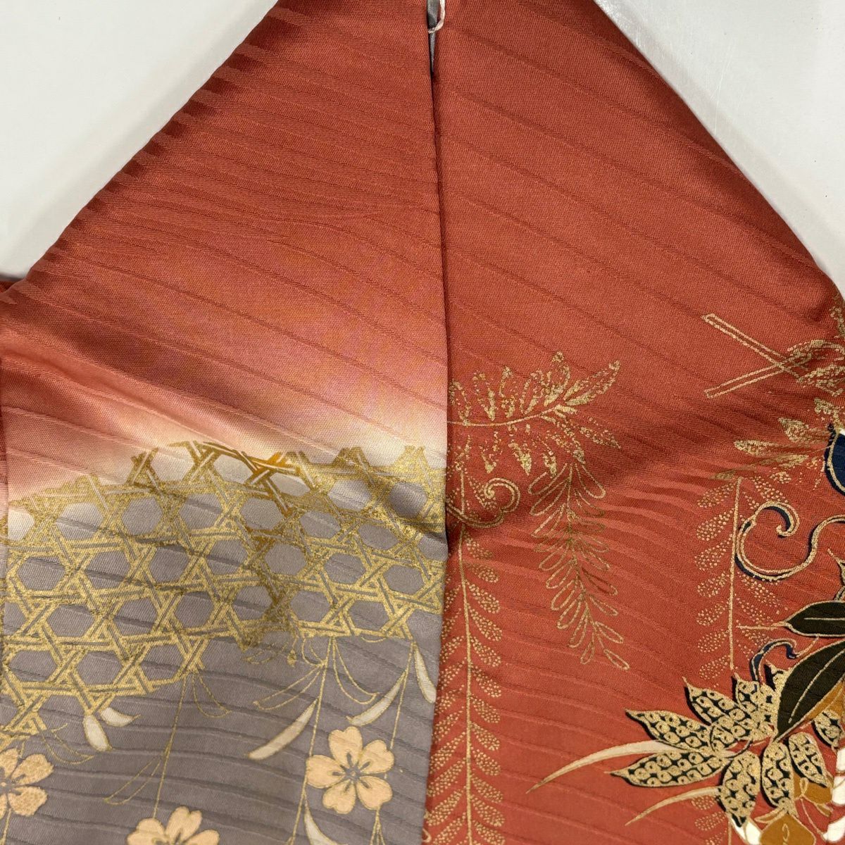【美品】振袖禮服 身長163.5cm 袖長65.5cm M 雙層 花車 籠目 金絲 金銀彩 鮭粉色 純蠶絲 名品級