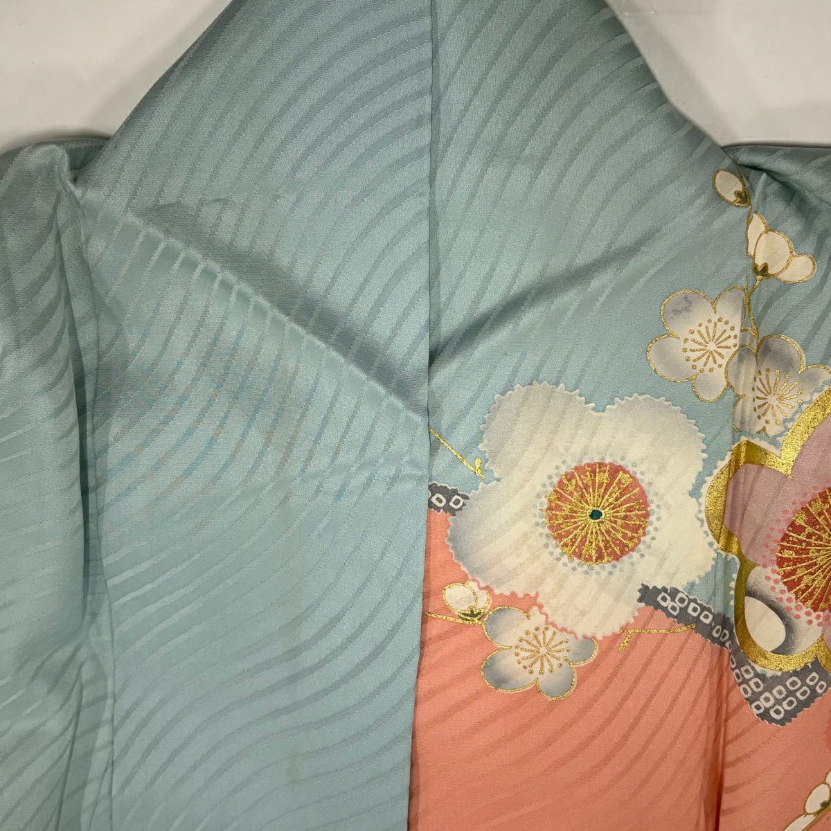 振袖禮服 身長170.5cm 袖長68cm L 雙層 枝梅花 波 金絲 金銀彩 粉紅 純蠶絲 名品級