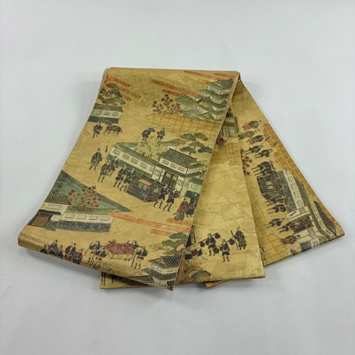 【美品】 袋帶 名品級 落款あり 建物 人物 螺鈿 金金箔 金色 お太鼓柄 純蠶絲