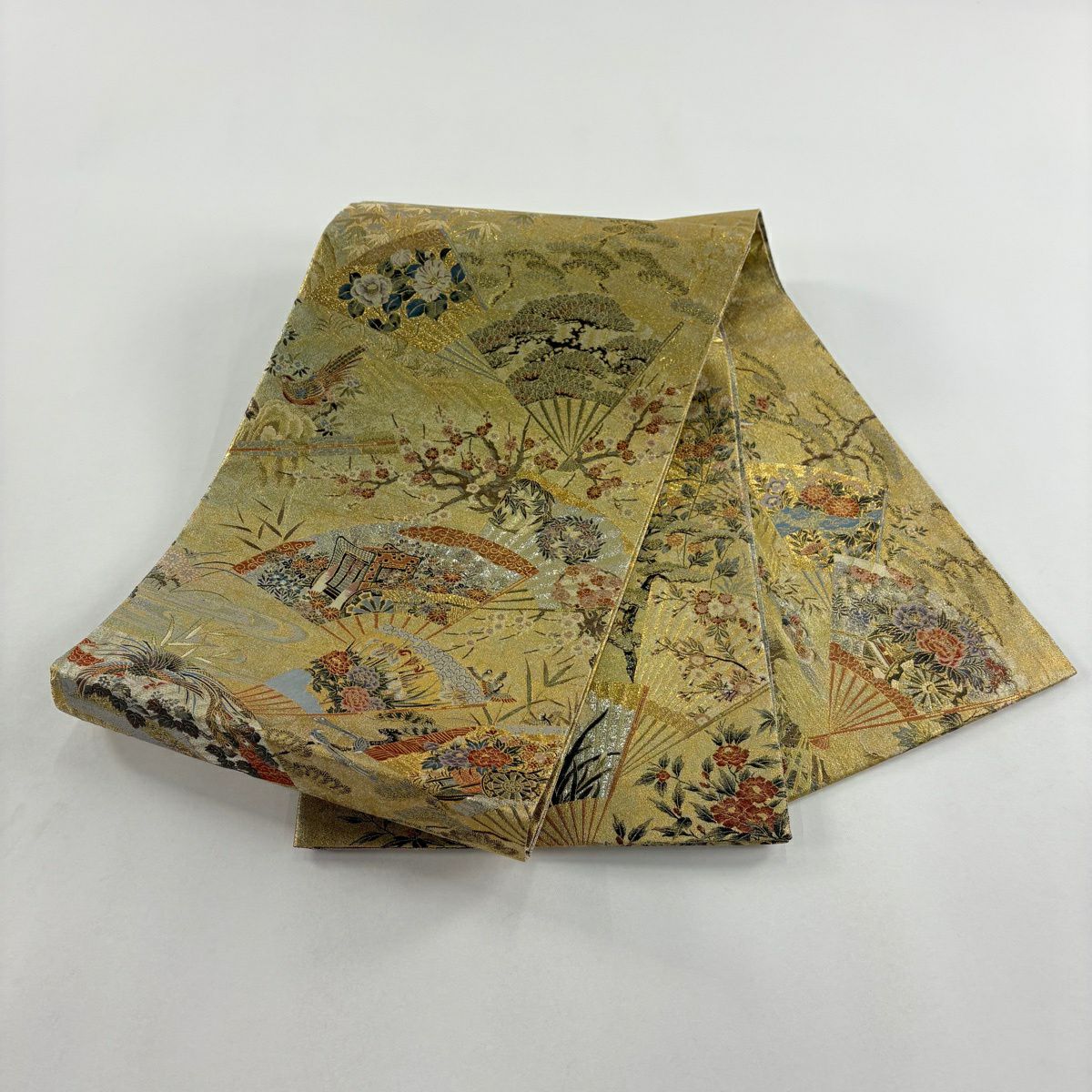 【美品】 袋帶 名品級 扇子子 御所車 金絲 金金箔 金色 大鼓圖案 純蠶絲
