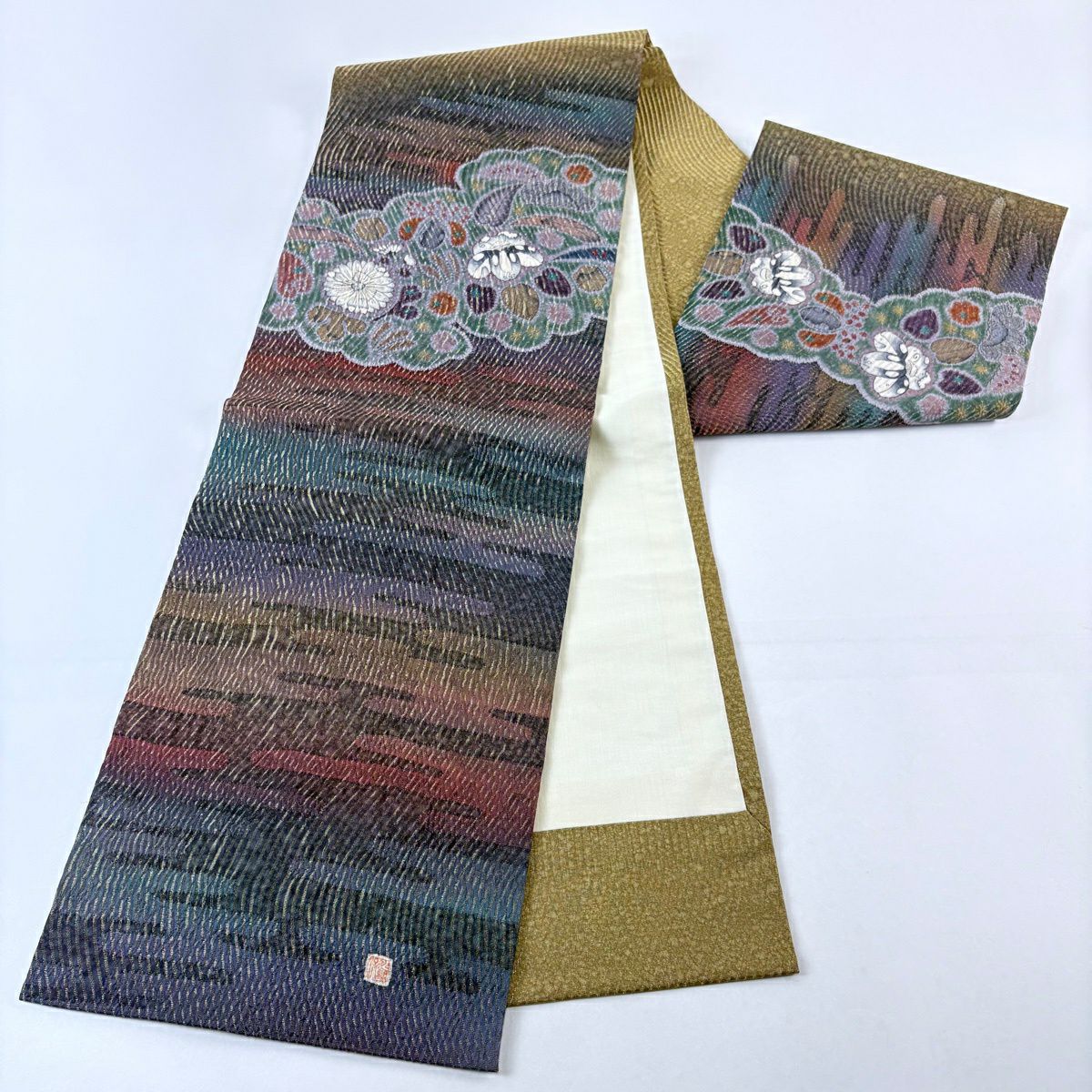 【美品】 開口名古屋帶 逸品級 落款 水野保 辻花染 雲霞 金絲 紫 純蠶絲