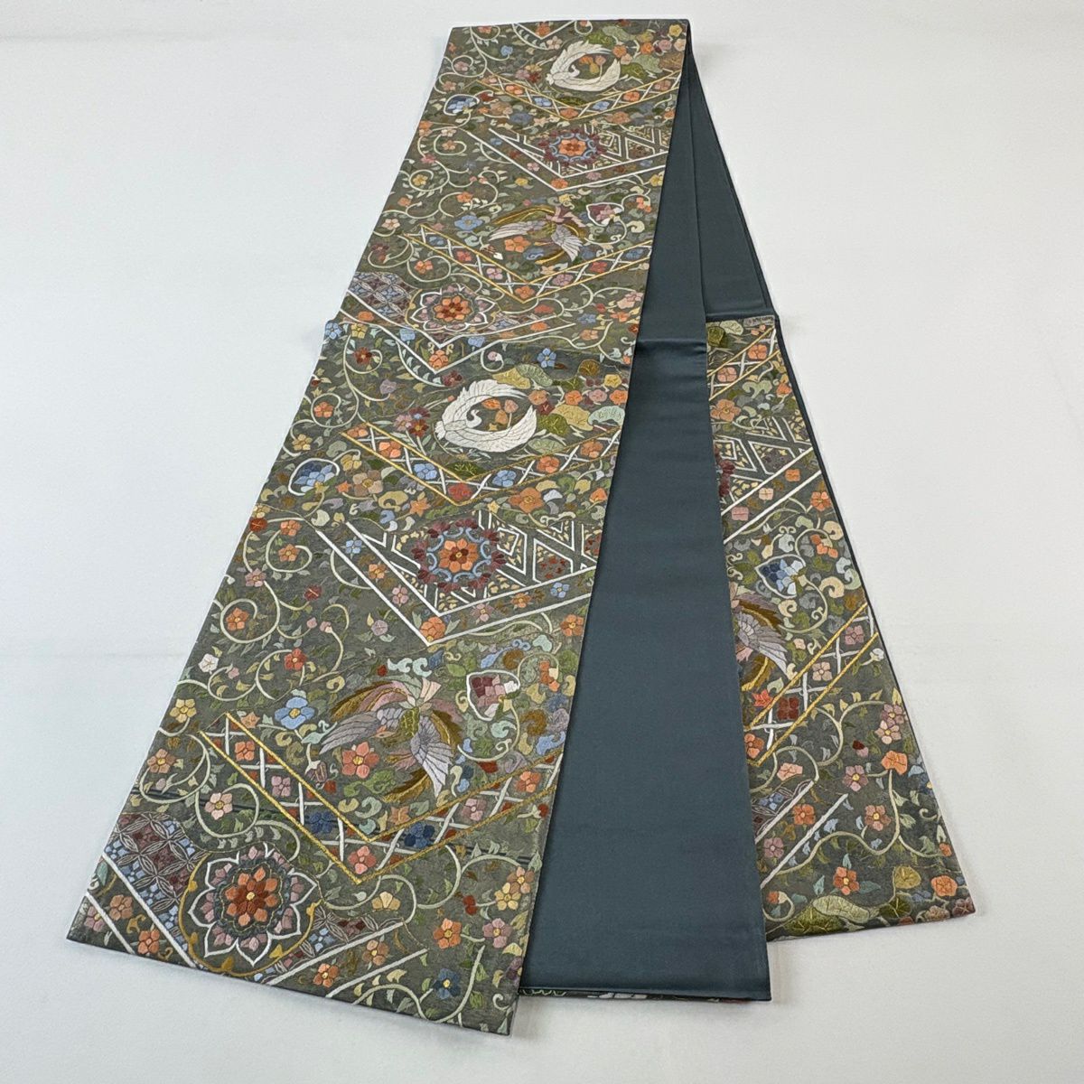 【美品】 袋帶 逸品級 仙鶴 華紋 刺繡 金糸 深綠 六通 純蠶絲