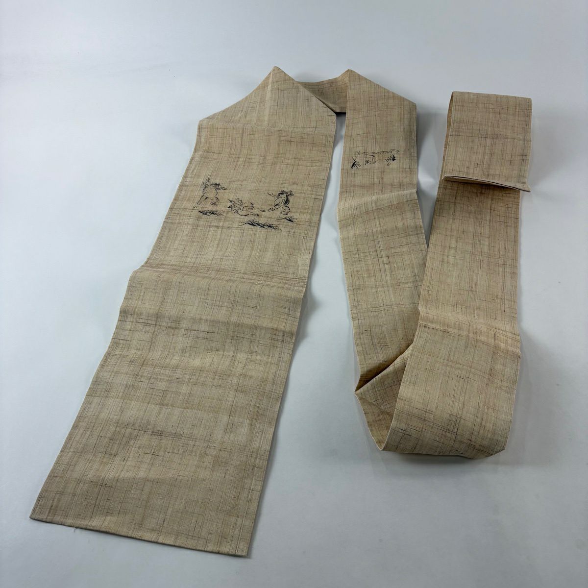 名古屋帶 逸品級 夏紬織 鳥獸戲畫 薄茶 麻