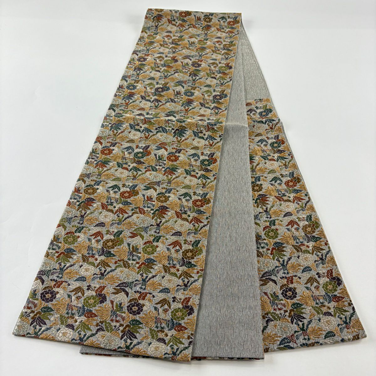 【美品】 袋帶 逸品級 有落款 綴錦 織屋宗麟 鳳凰 草花紋 金絲 銀絲 灰 深藍 六通 純蠶絲