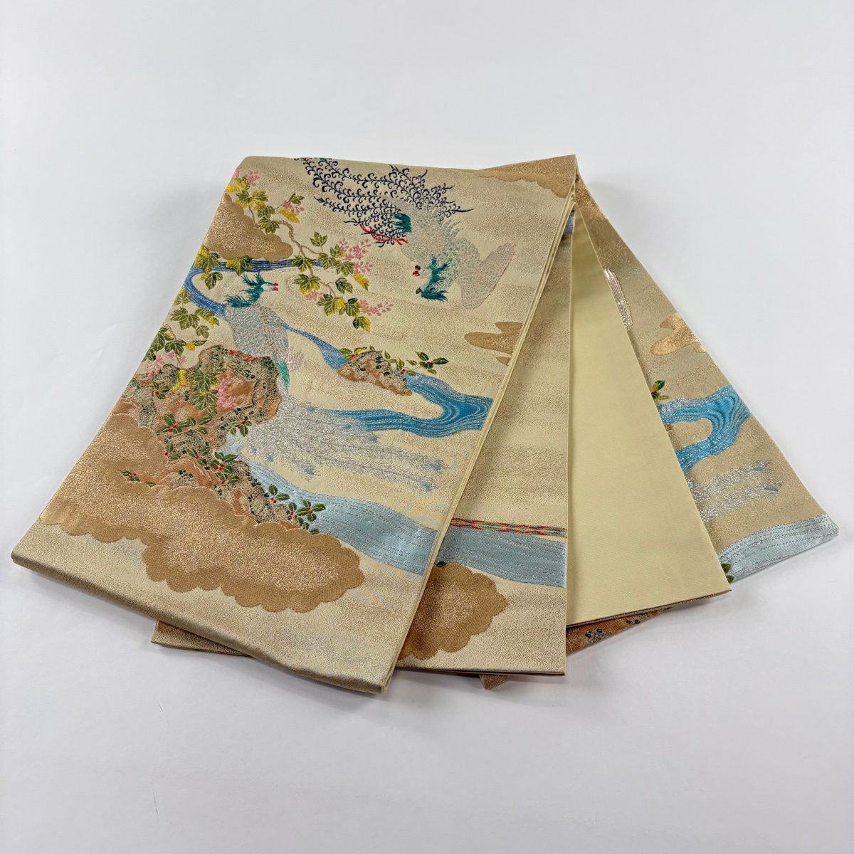 【美品】 袋帶 逸品級 龍村晋 落款 鳳凰 流水 金絲 金金箔 米色 お太鼓圖案 純蠶絲