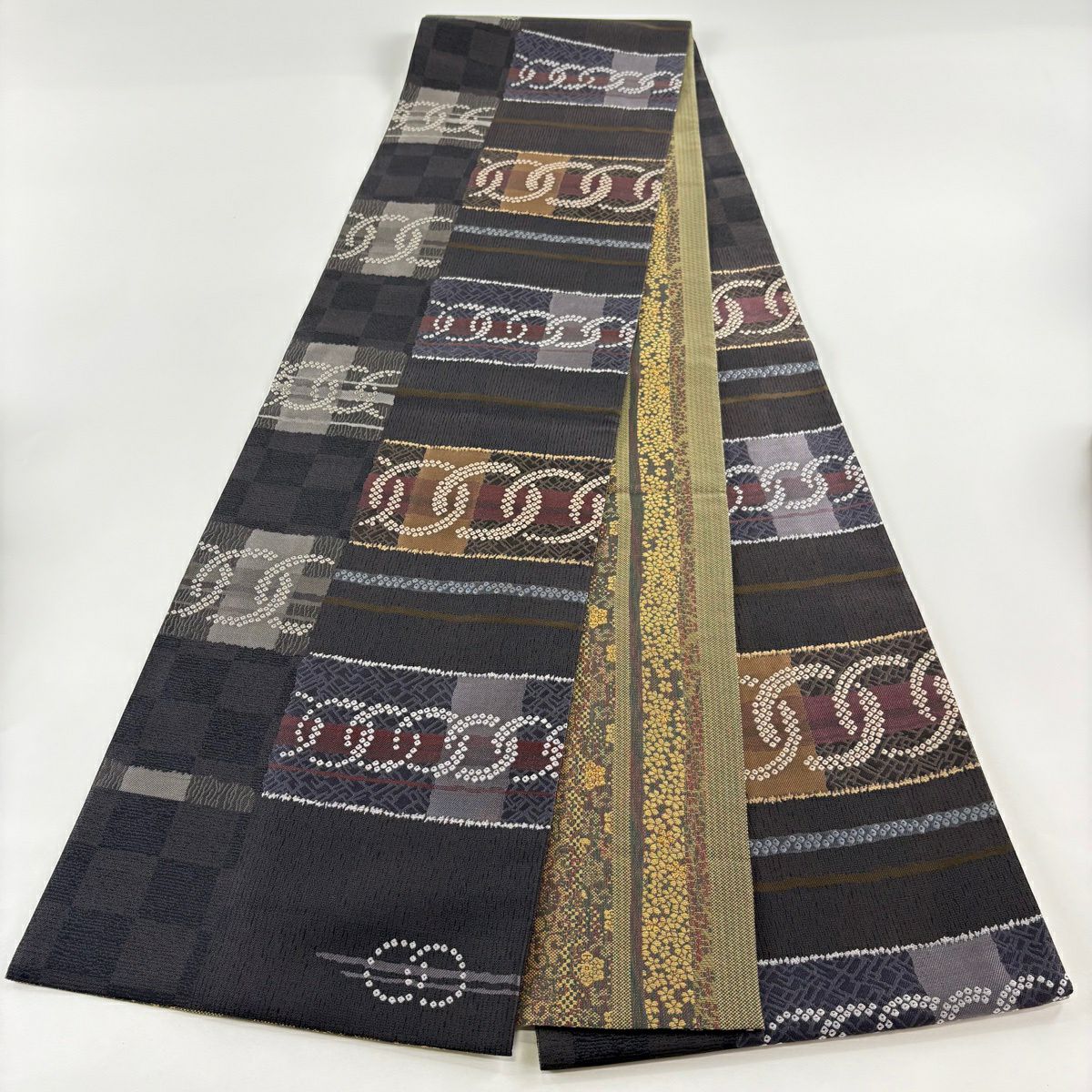 【美品】 袋帶 逸品級 とみや織物 落款あり 雙面 輪繞 花唐草紋 金絲 墨 六通 純蠶絲
