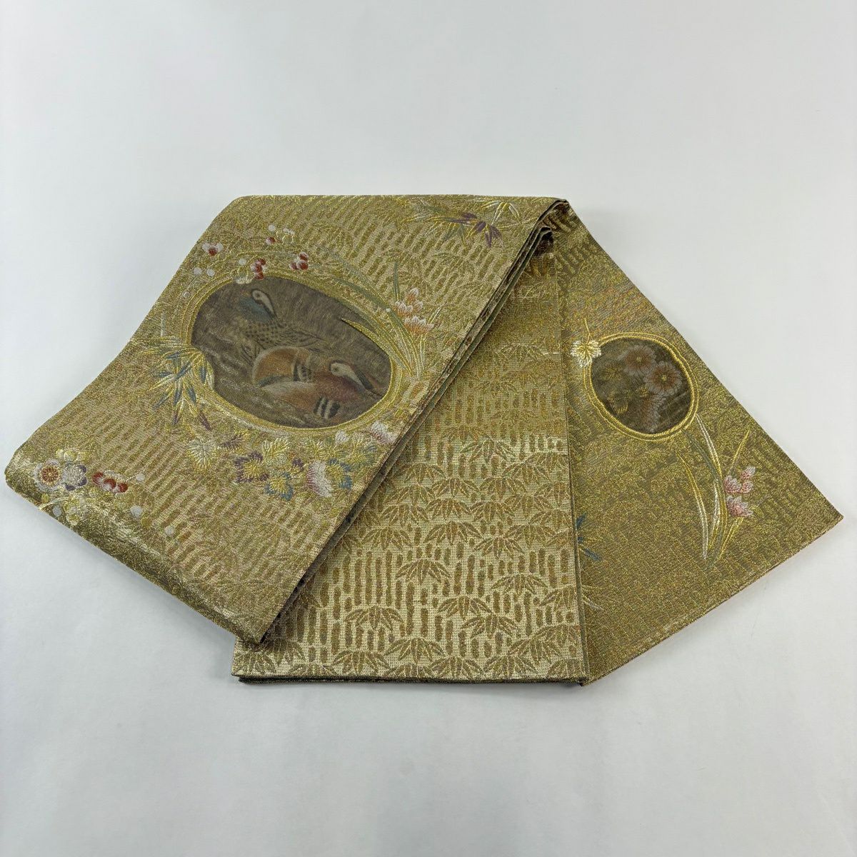【美品】 袋帶 逸品級 羽田登喜男監修 鴛鴦 枝梅花 金銀糸 金金箔 金色 大鼓圖案 純蠶絲
