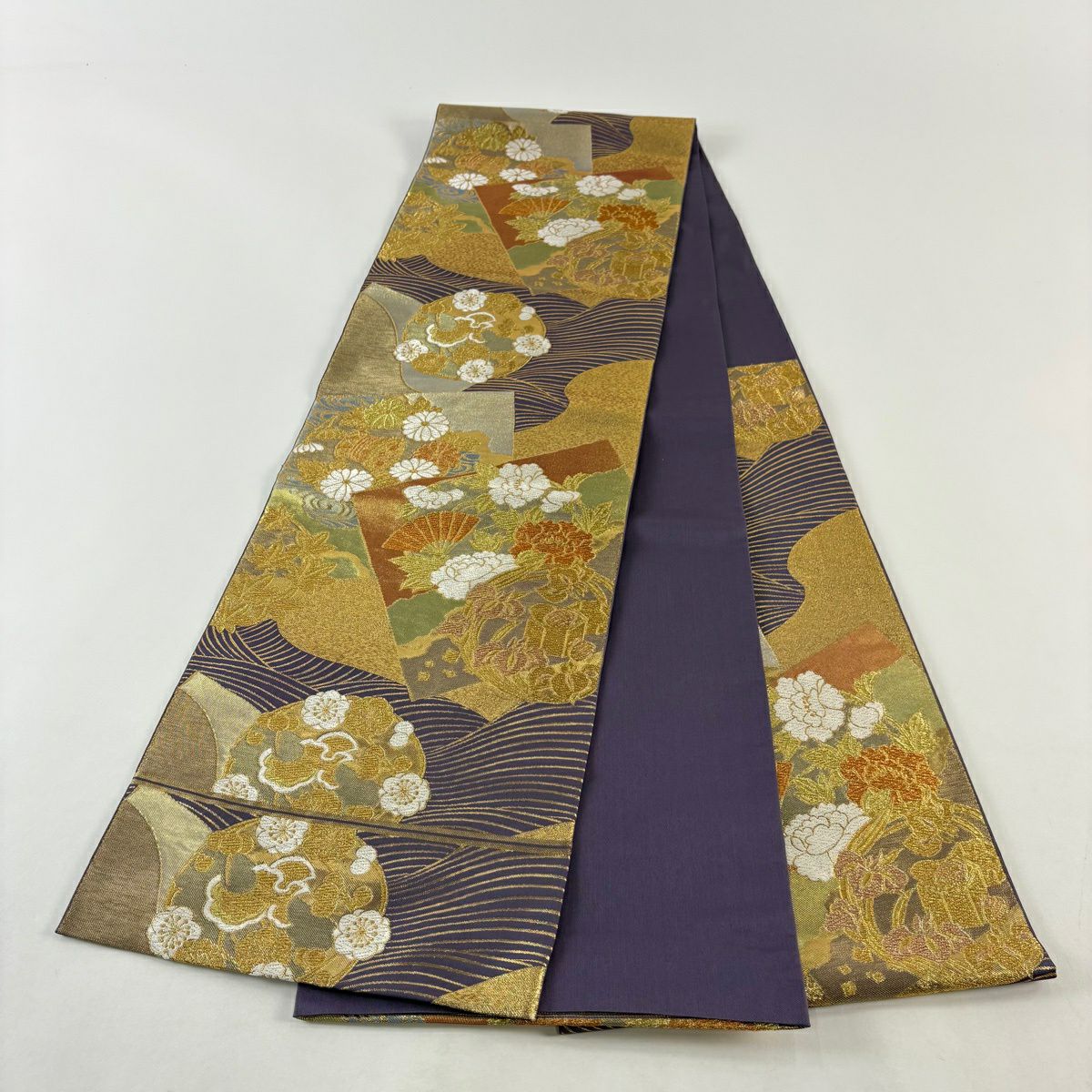 【美品】 袋帶 逸品級 川島織物 落款 花丸紋 波 金絲 金金箔 紫 六通 純蠶絲