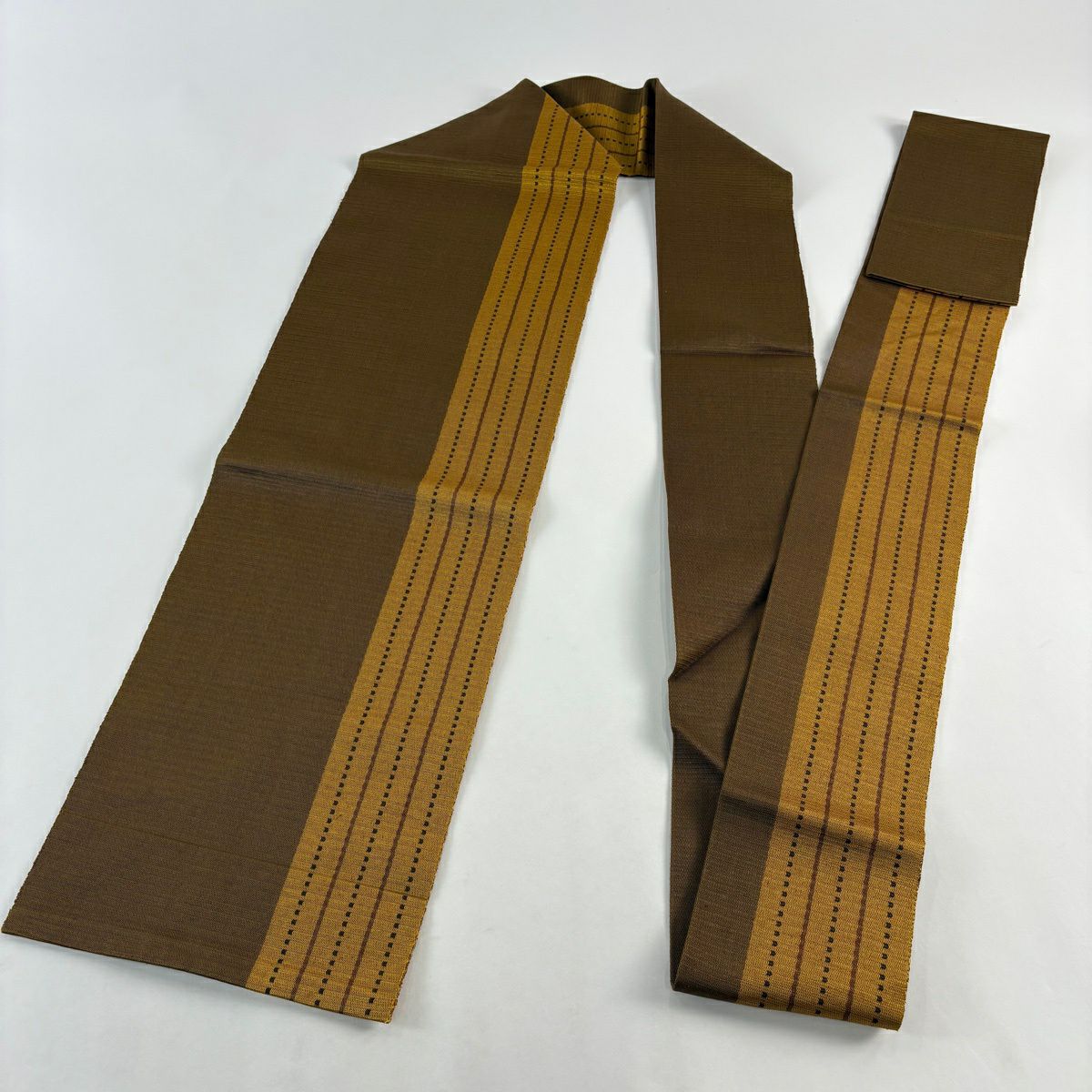 【美品】名古屋帶 逸品級 條紋 茶 純蠶絲
