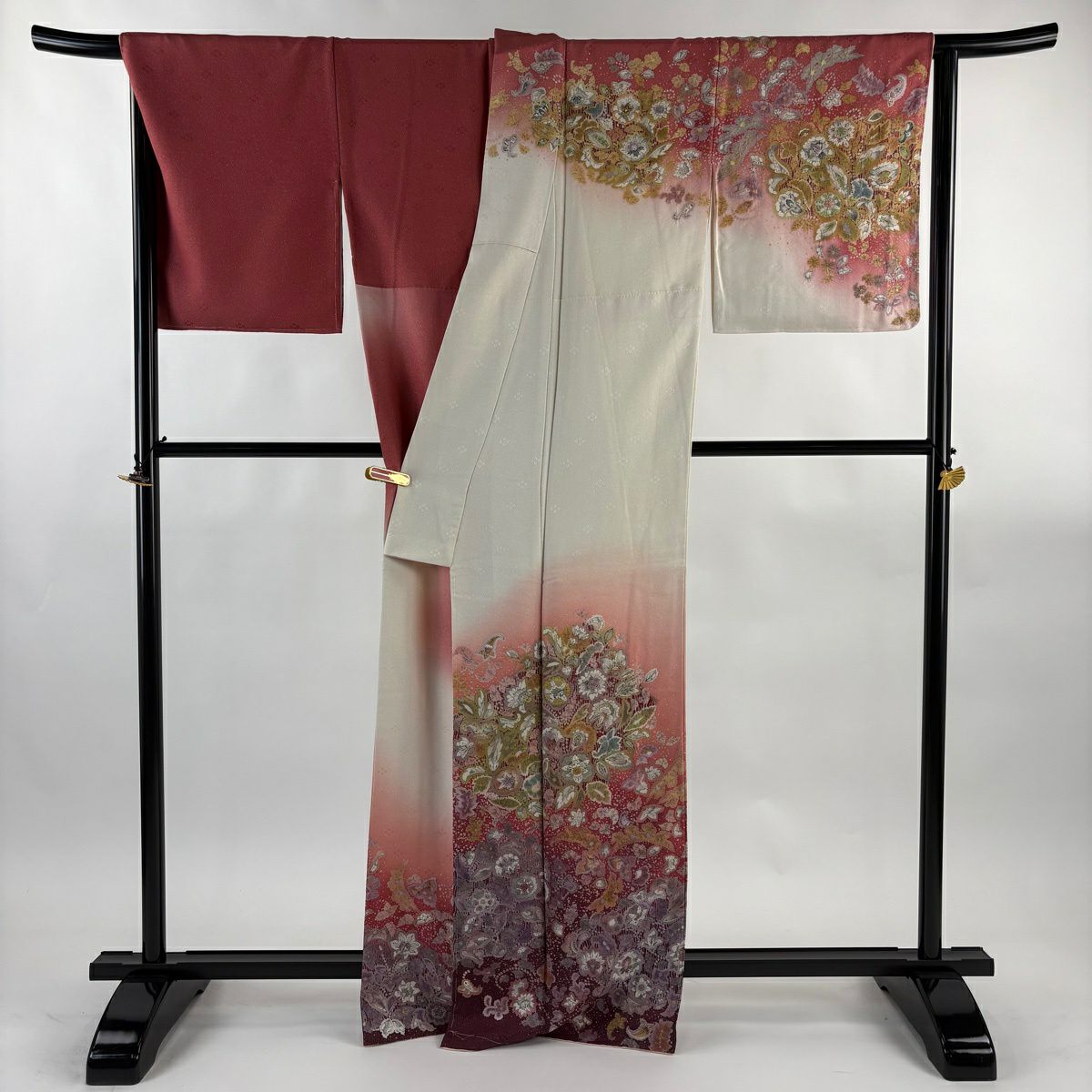 訪問服 身長165.5cm 袖長68.5cm L 雙層 吉乃一廉 落款あり 草花紋紋 銀通し 漸層 奶油色 純蠶絲 逸品級