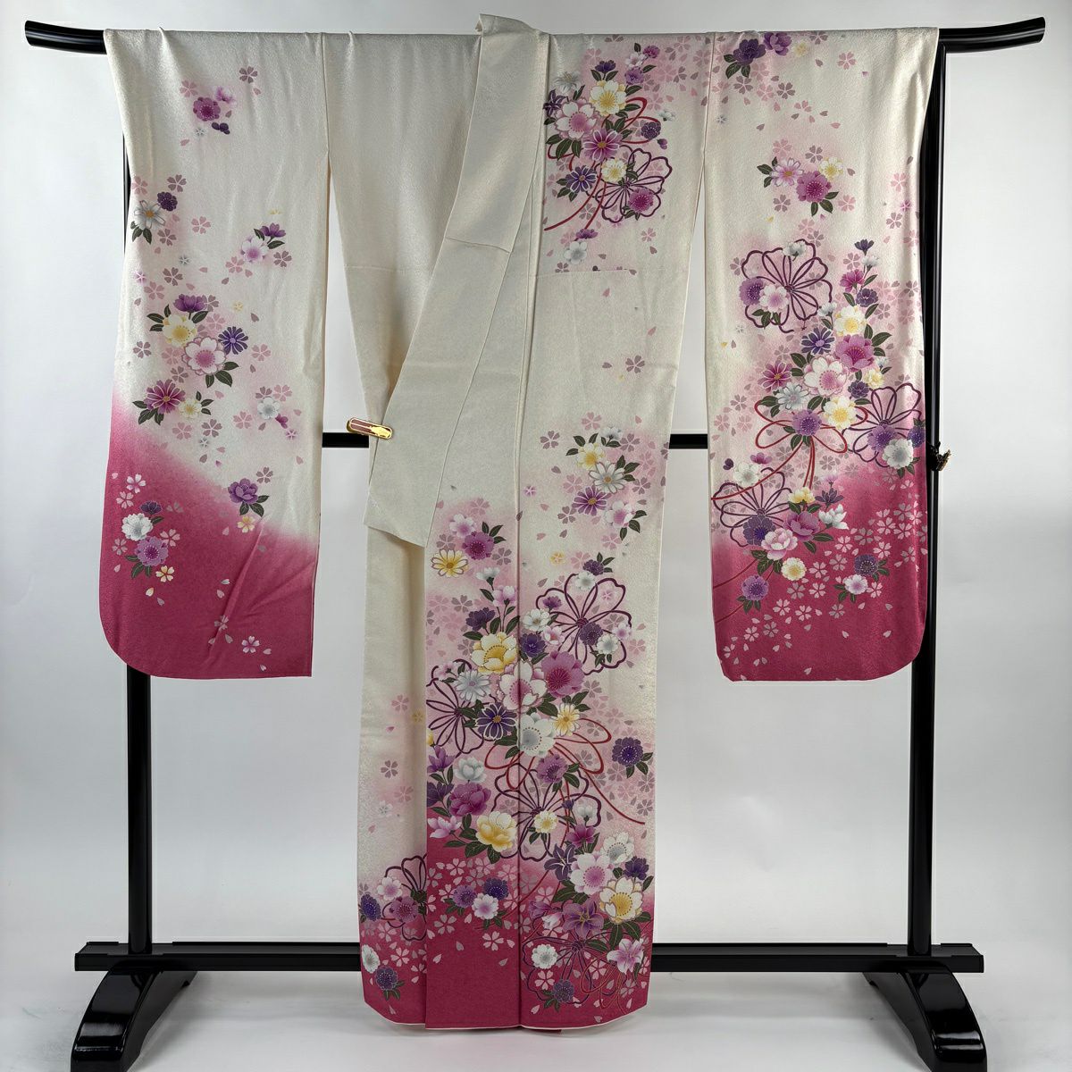 【美品】振袖禮服 身長160.5cm 袖長72cm L 雙層 櫻花 組織帶 金金箔 銀通過 奶油色 純蠶絲 逸品級