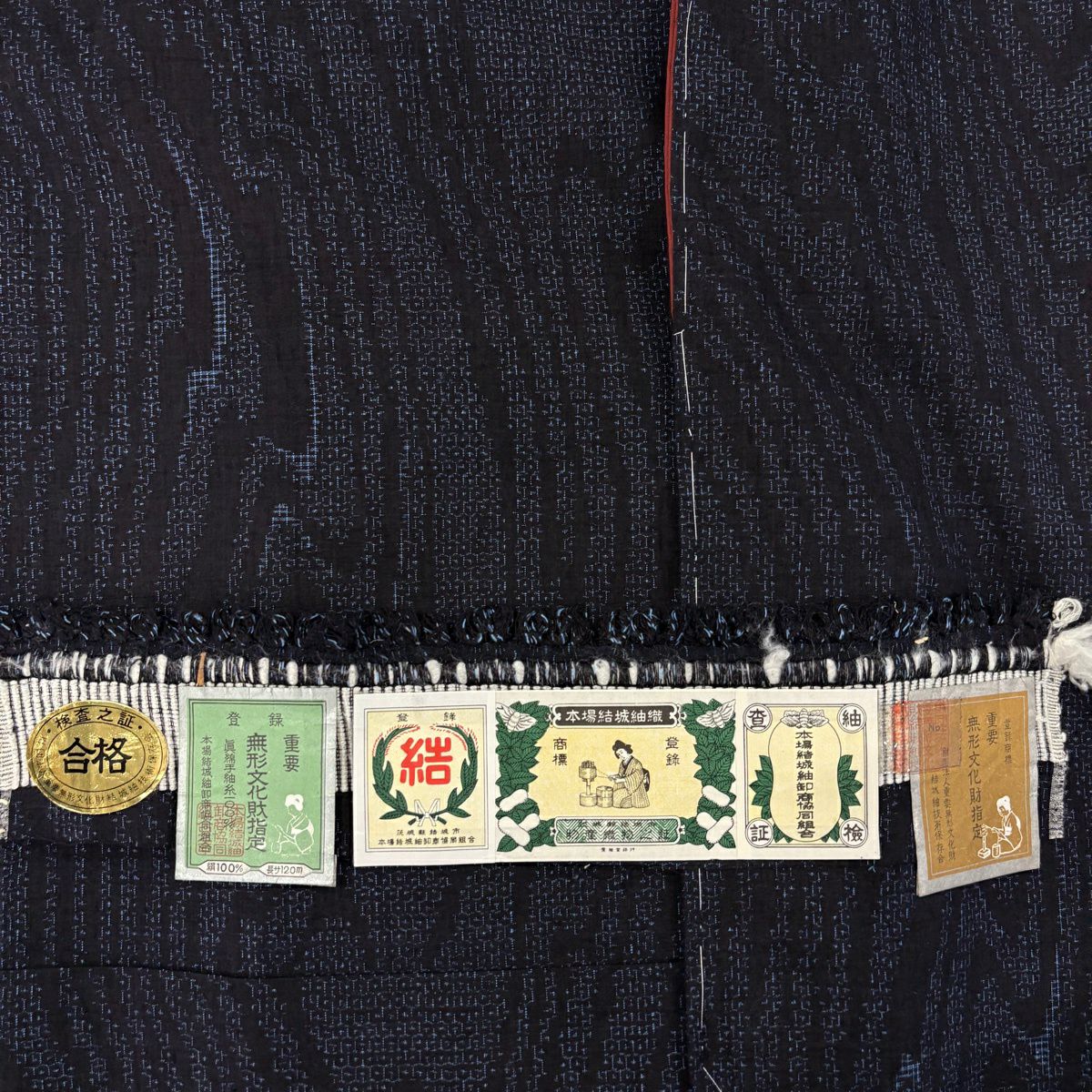 【美品】結城紬織 身長168cm 袖長65.5cm M 雙層 本場結城紬織 證書齊全 幾何學圖案 龜甲絣 深藍 純蠶絲 逸品級