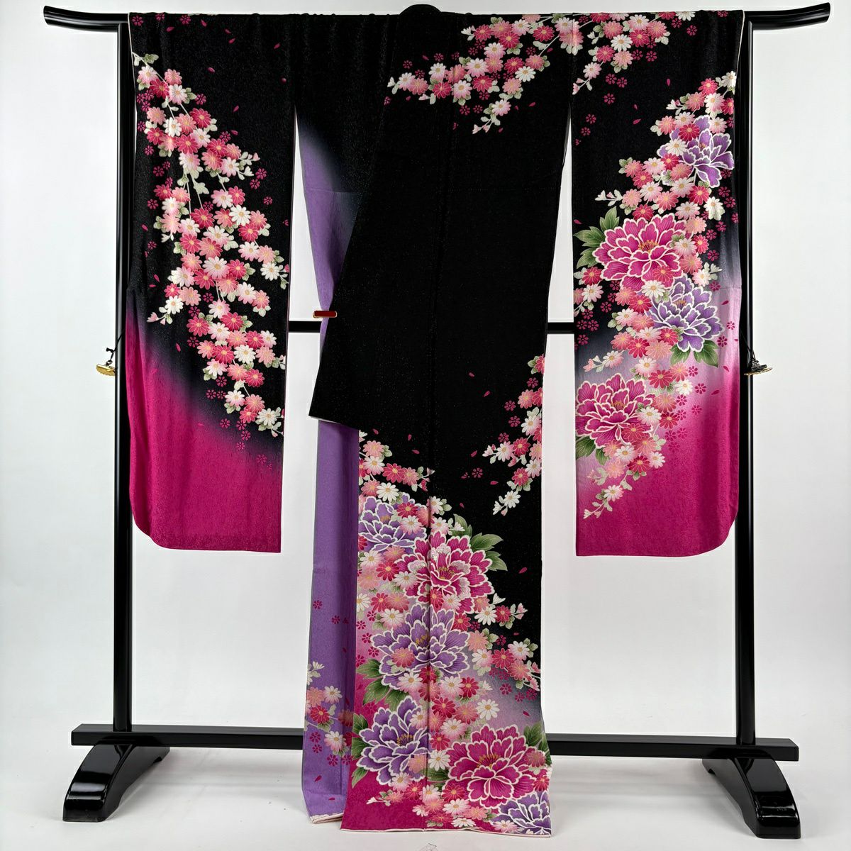 【美品】振袖禮服 身長172cm 袖長69cm L 雙層 牡丹 菊花 刺繡 金銀彩 黑 純蠶絲 逸品級