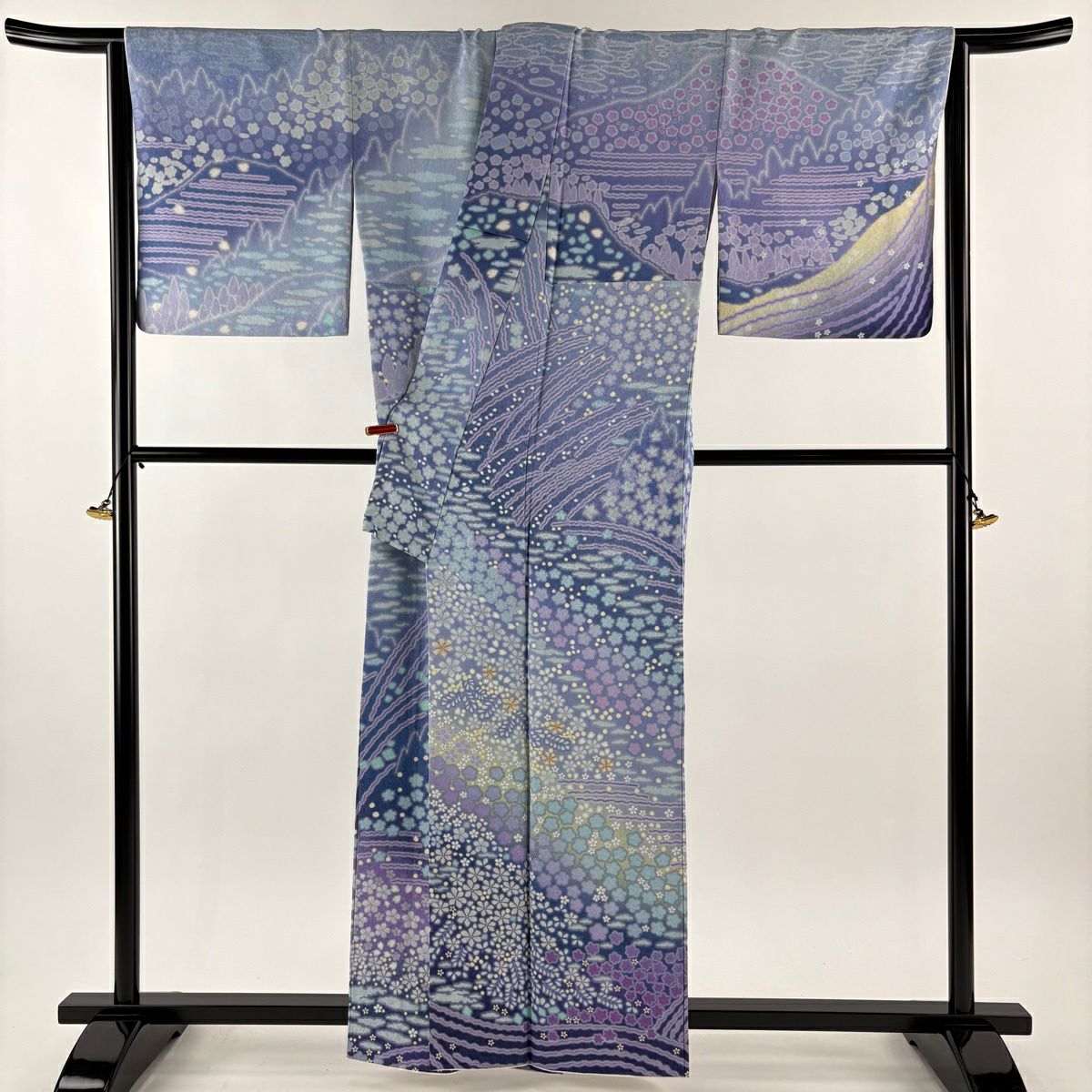 訪問服 身長164cm 袖長66.5cm M 雙層 草花紋紋 波 銀通 金絲 青紫 純蠶絲 逸品級