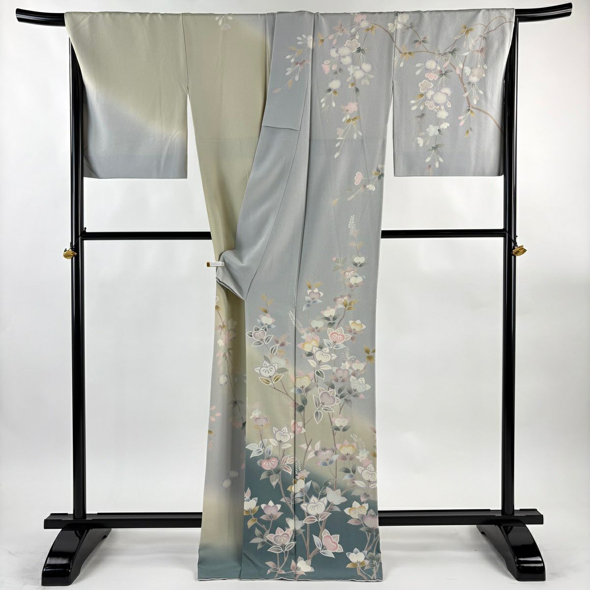 訪問服 身長171cm 袖長69cm L 雙層 ますいわ屋 橘 刺繡 金金箔 灰 純蠶絲 逸品級