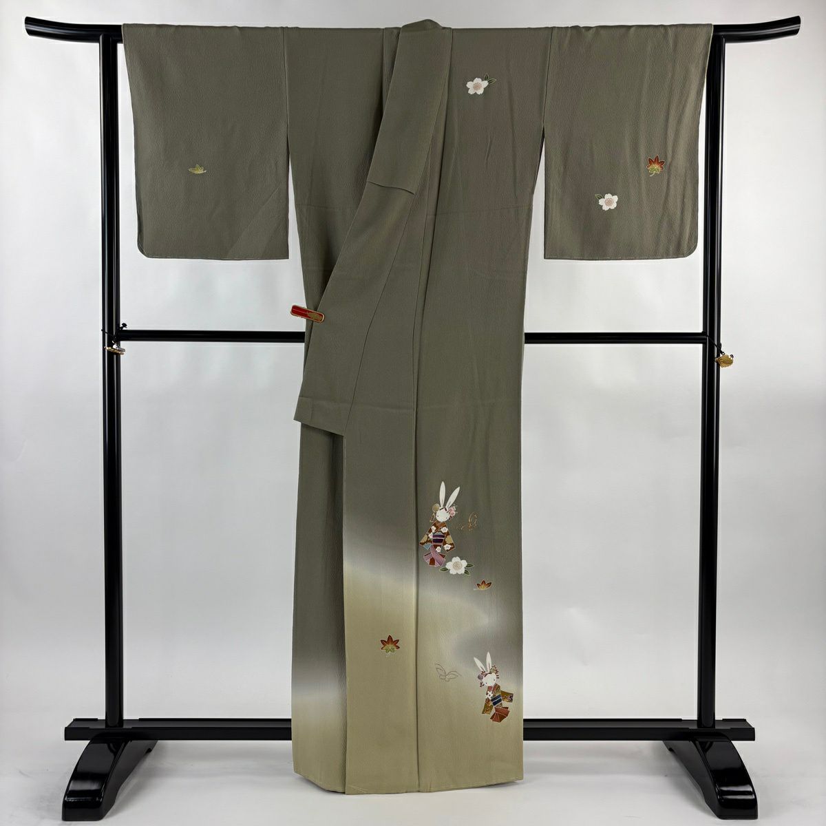 【美品】 付下 身長162.5cm 袖長65cm M 雙層 ホリヒロシ 落款あり 兔子櫻花金銀彩漸層灰綠純蠶絲逸品級