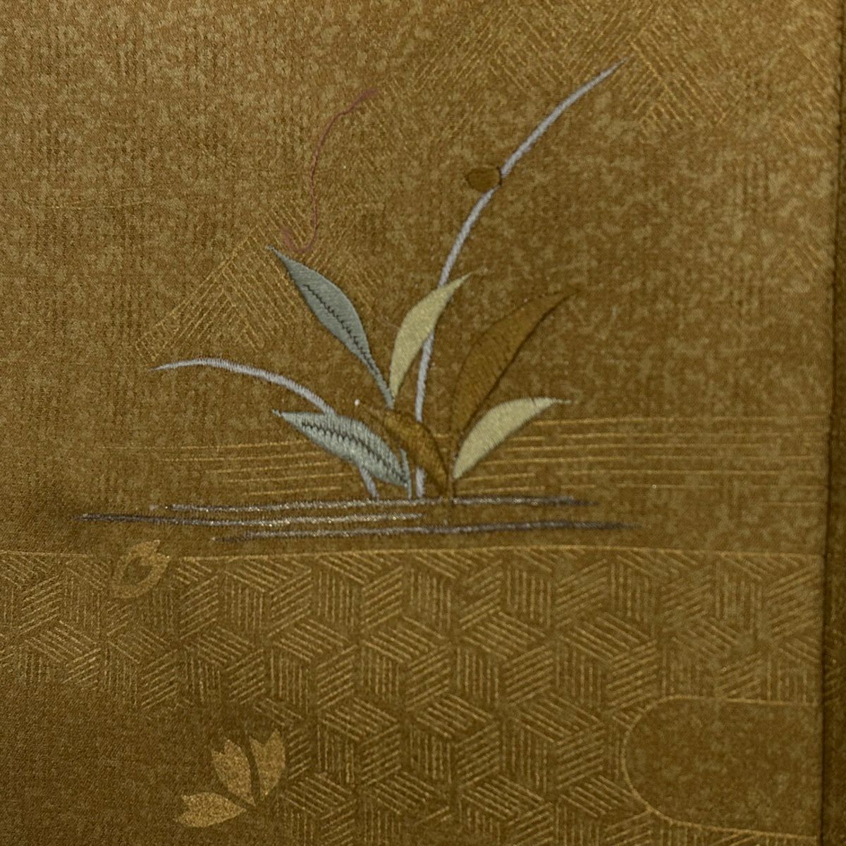 付下 身長157cm 袖長62.5cm S 雙層 草花紋紋 流水 金銀彩 刺繡 茶 純蠶絲 秀品級