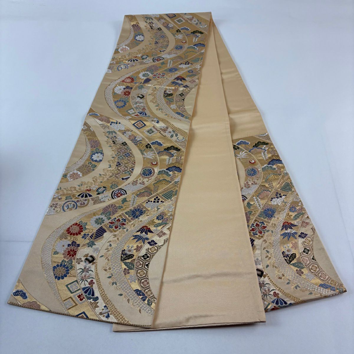 袋帶 秀品級 草花紋紋 寶盡くし 金絲 金金箔 金色 六通 純蠶絲