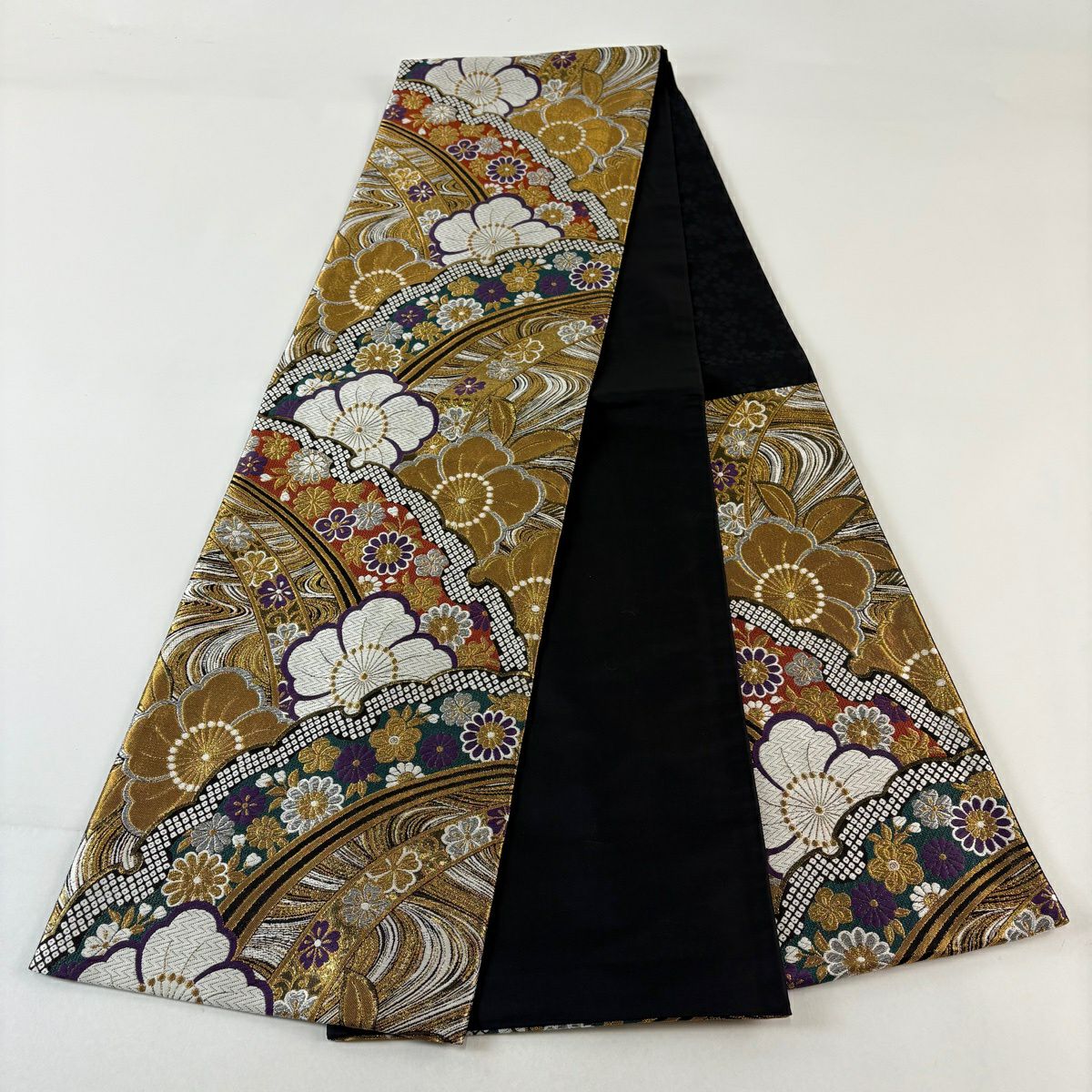 【美品】 袋帶 秀品級 櫻花 菊花花 金銀彩 金色 六通 純蠶絲