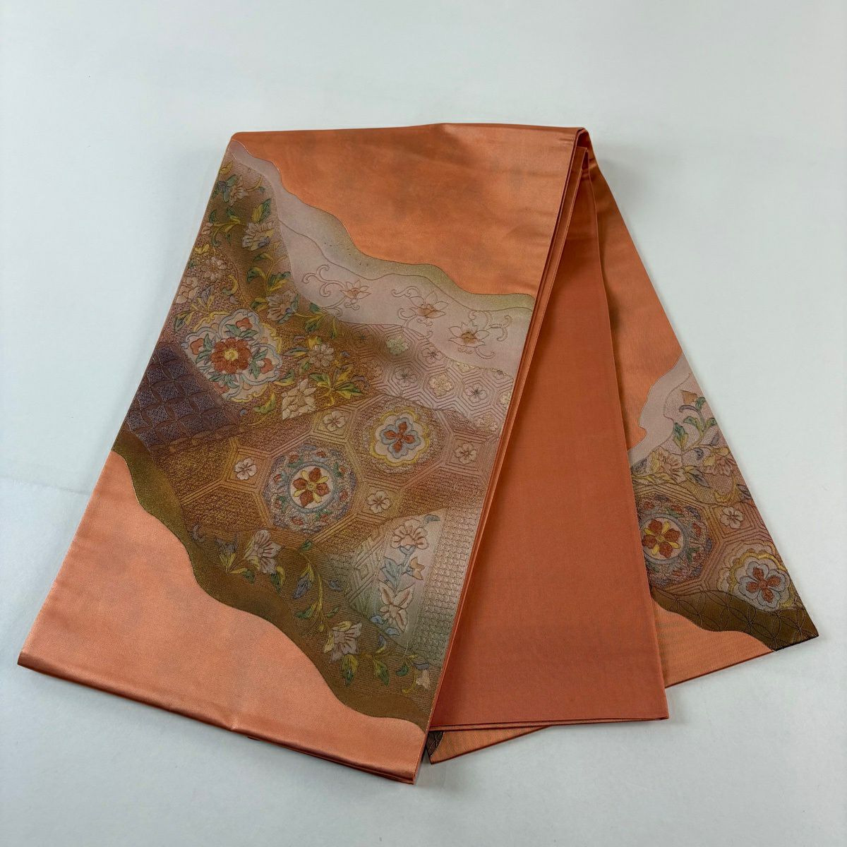 袋帶 秀品級 華紋 有職文樣 刺繡 金彩裝飾 鮭粉色 大鼓圖案 純蠶絲