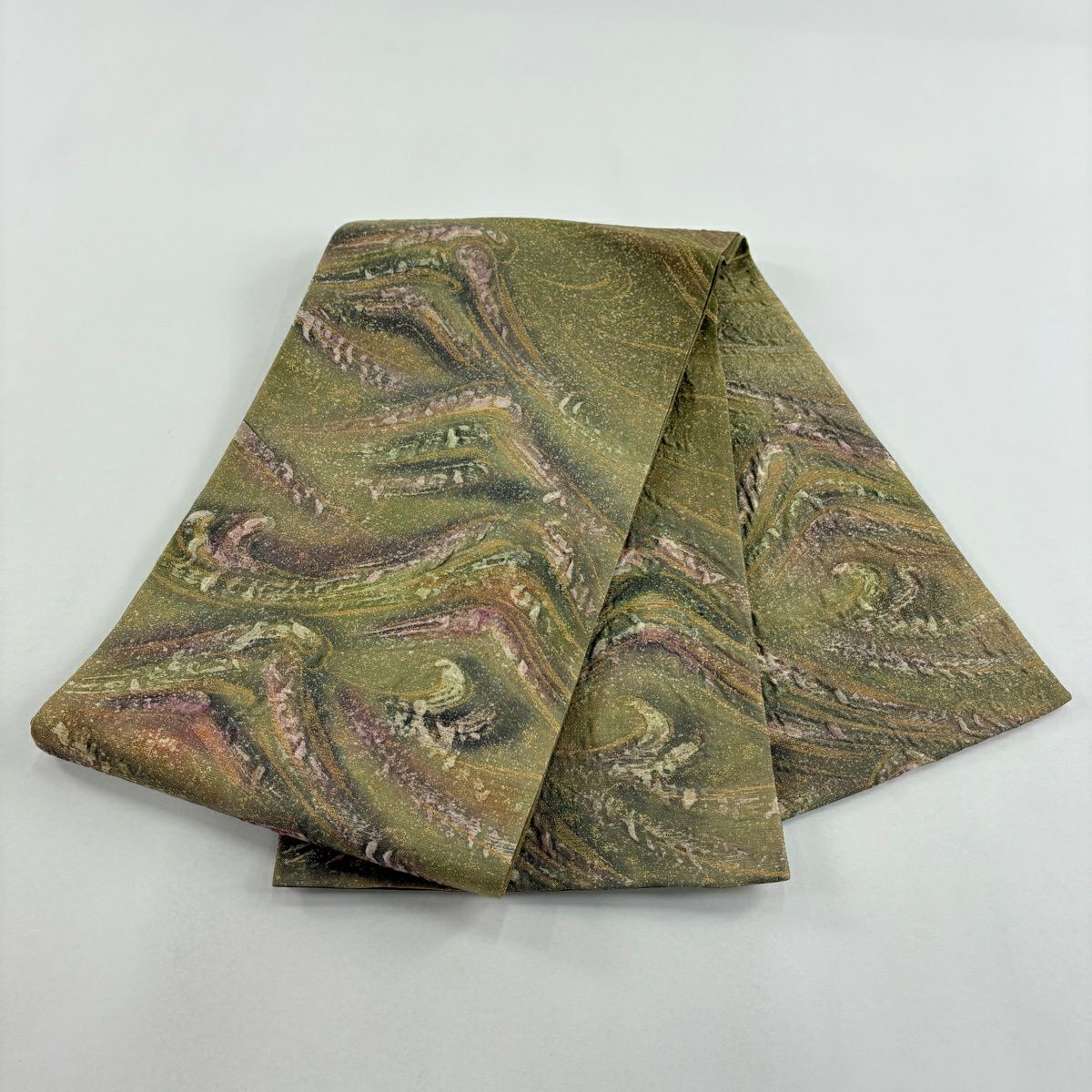 【美品】 袋帶 秀品級 波頭 金金箔 鶯 綠色 お太鼓圖案 純蠶絲