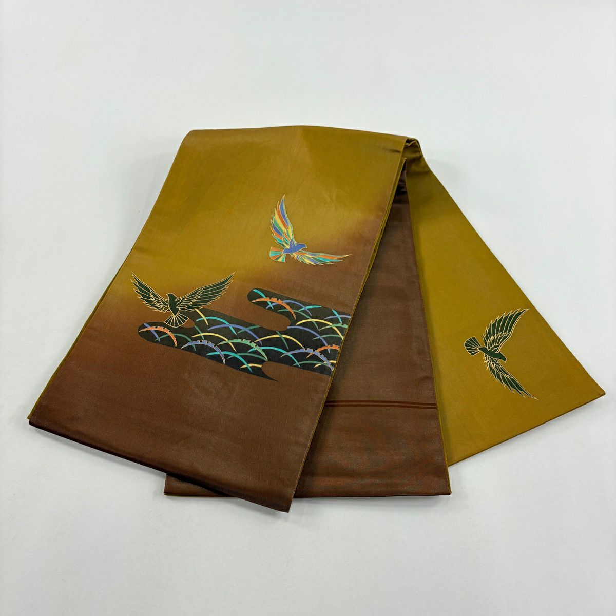 袋帶 秀品級 鳥 ヱ霞 金銀彩 金金箔 山吹茶 純蠶絲