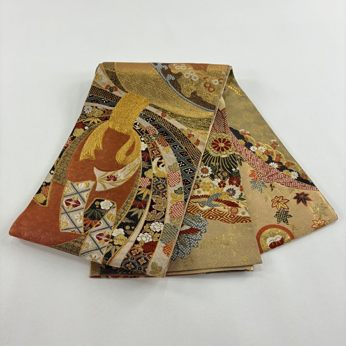 【美品】 袋帶 秀品級 本金金箔 全通總文樣 金絲 唐織 紅茶 全通 純蠶絲