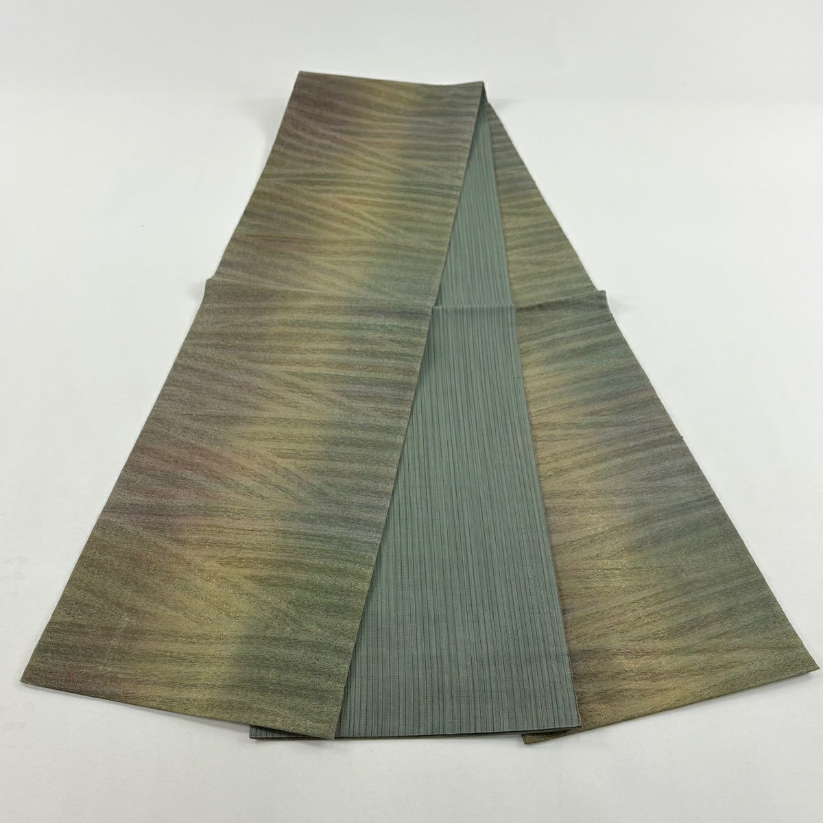 【美品】 袋帶 秀品級 縞 斜縞 金彩裝飾 灰綠 全通 純蠶絲