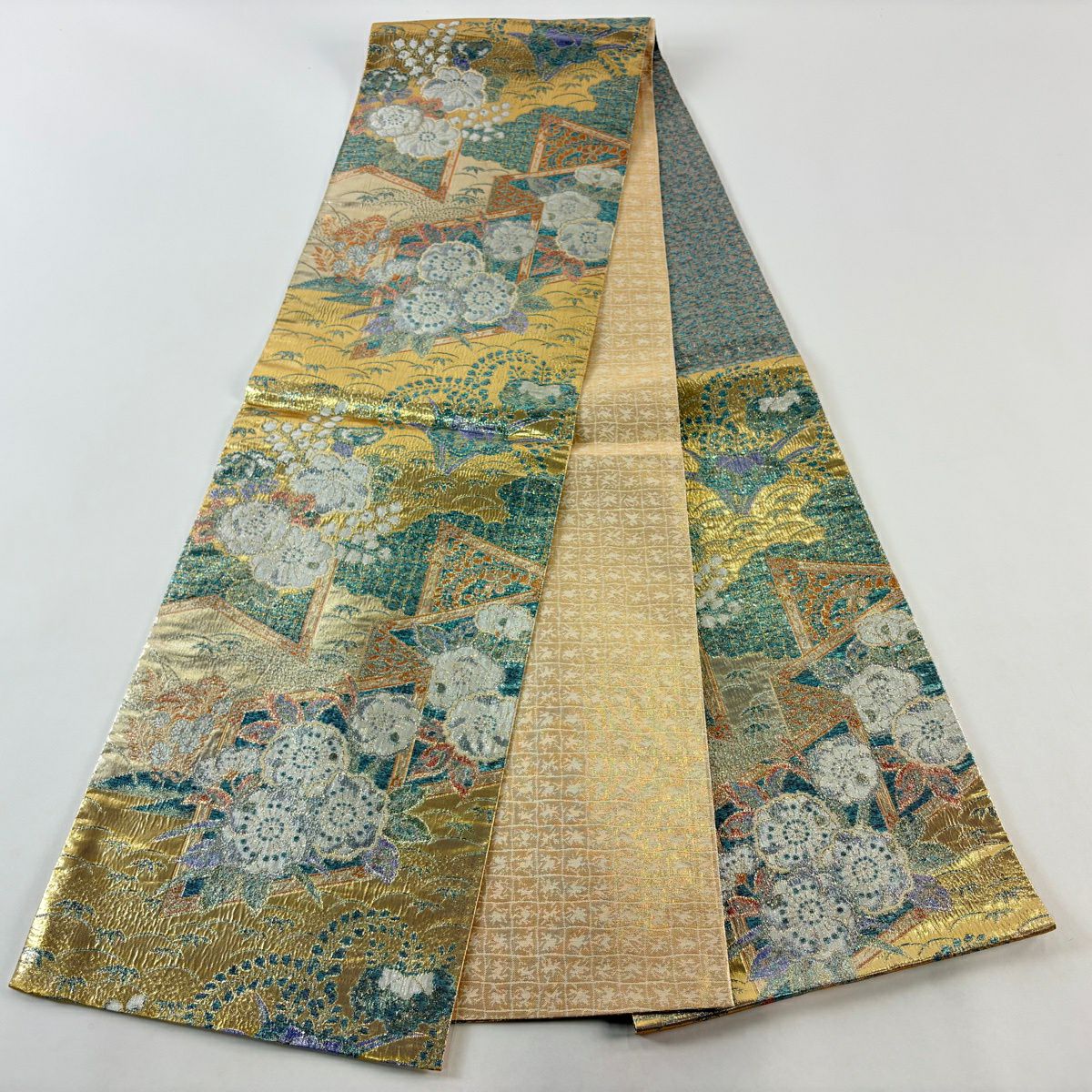 【美品】 袋帶 秀品級 草花紋紋 屏風 金金箔 金色 六通 純蠶絲