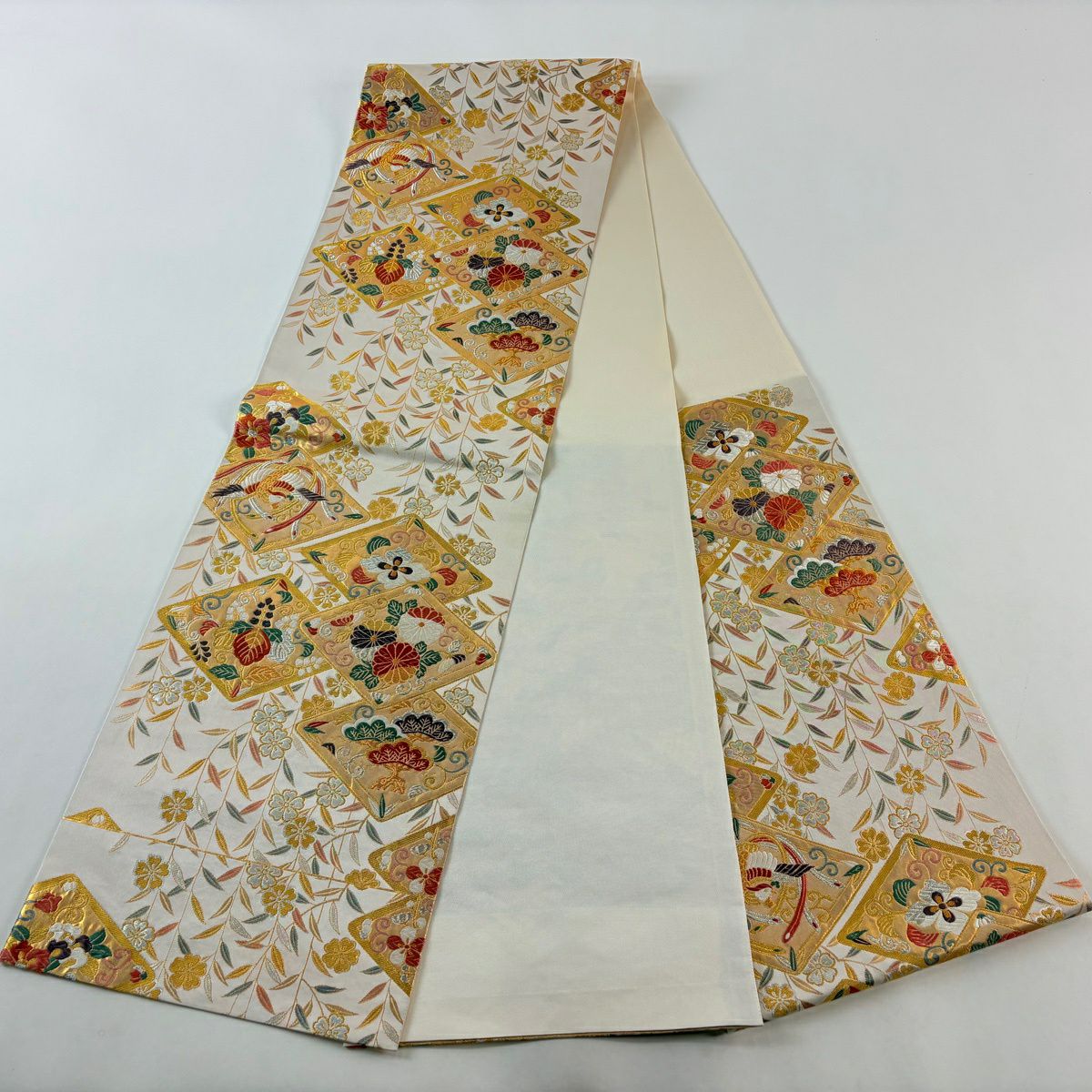 【美品】 袋帶 秀品級 桐竹子鳳凰 菊花 花紋 刺繡 金銀彩 粉米色 六通 純蠶絲