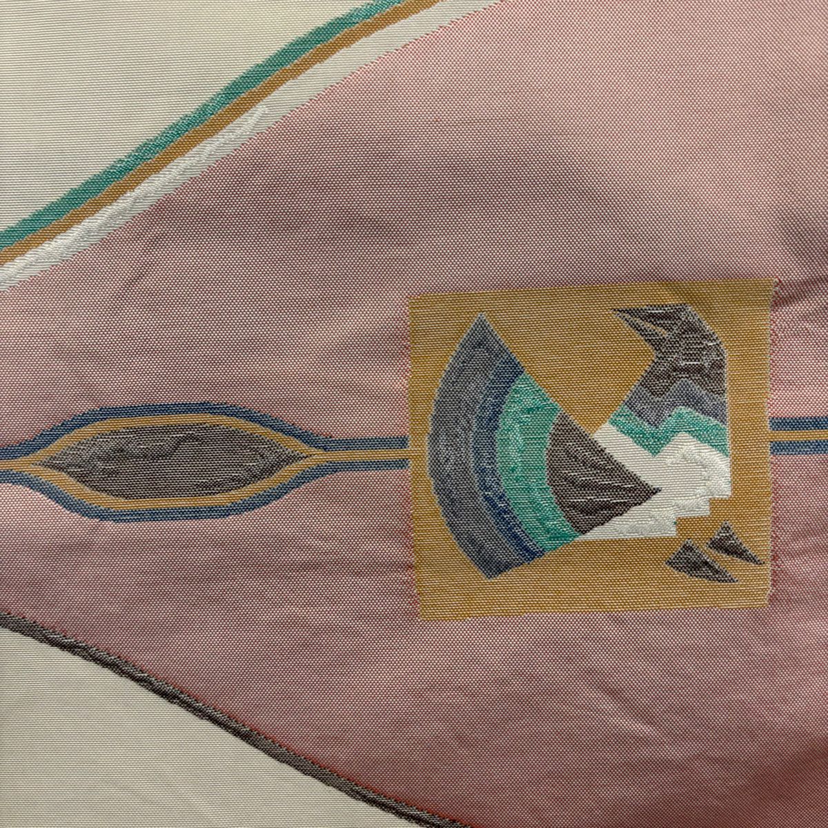 【美品】 紬織 身長163cm 袖長66cm M 雙層 袋帶套裝 條紋 淡黃土 純蠶絲 優品級