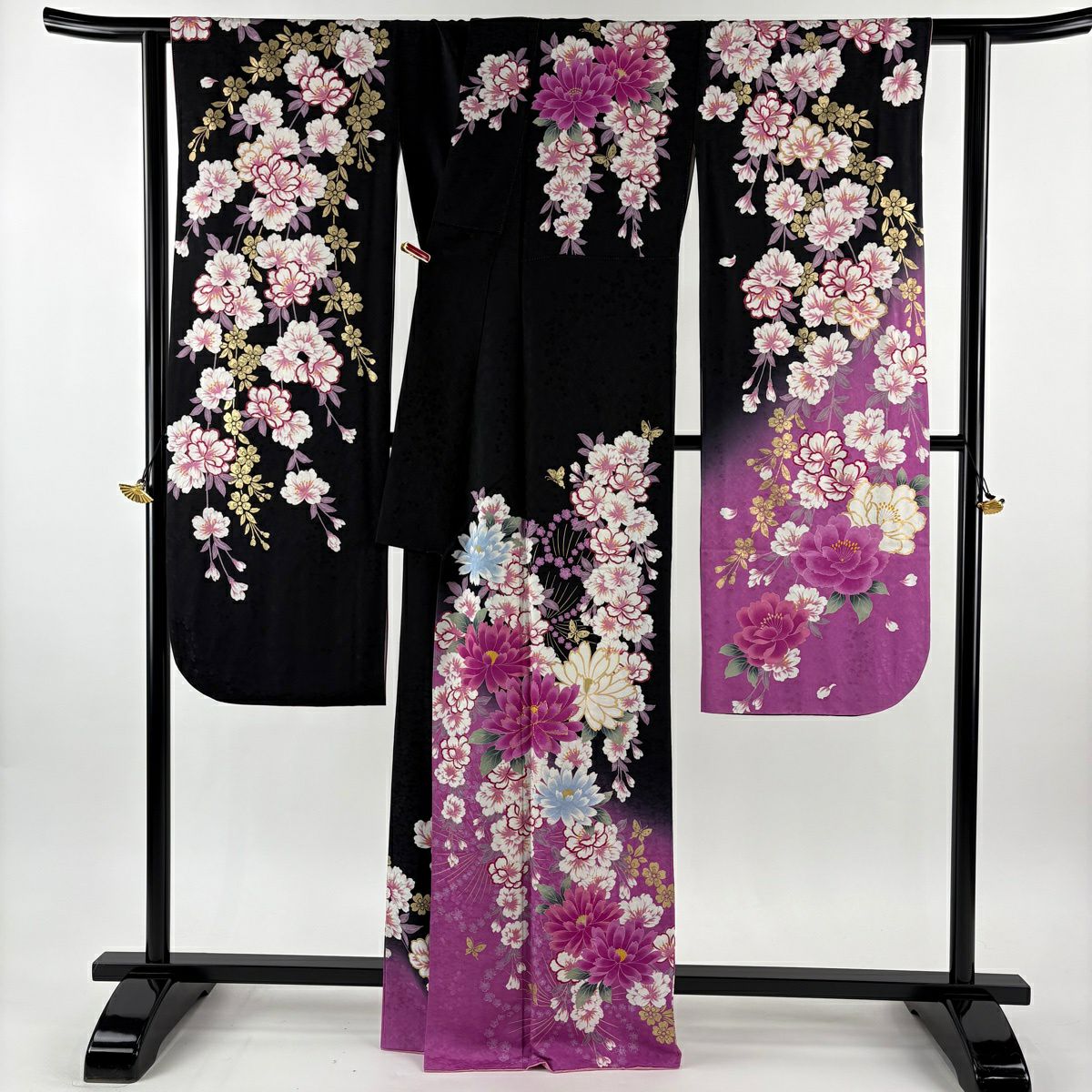 【美品】振袖禮服 身長166cm 袖長70cm L 雙層 草花紋紋 蝶 金金箔 金銀彩 黑 純蠶絲 逸品級