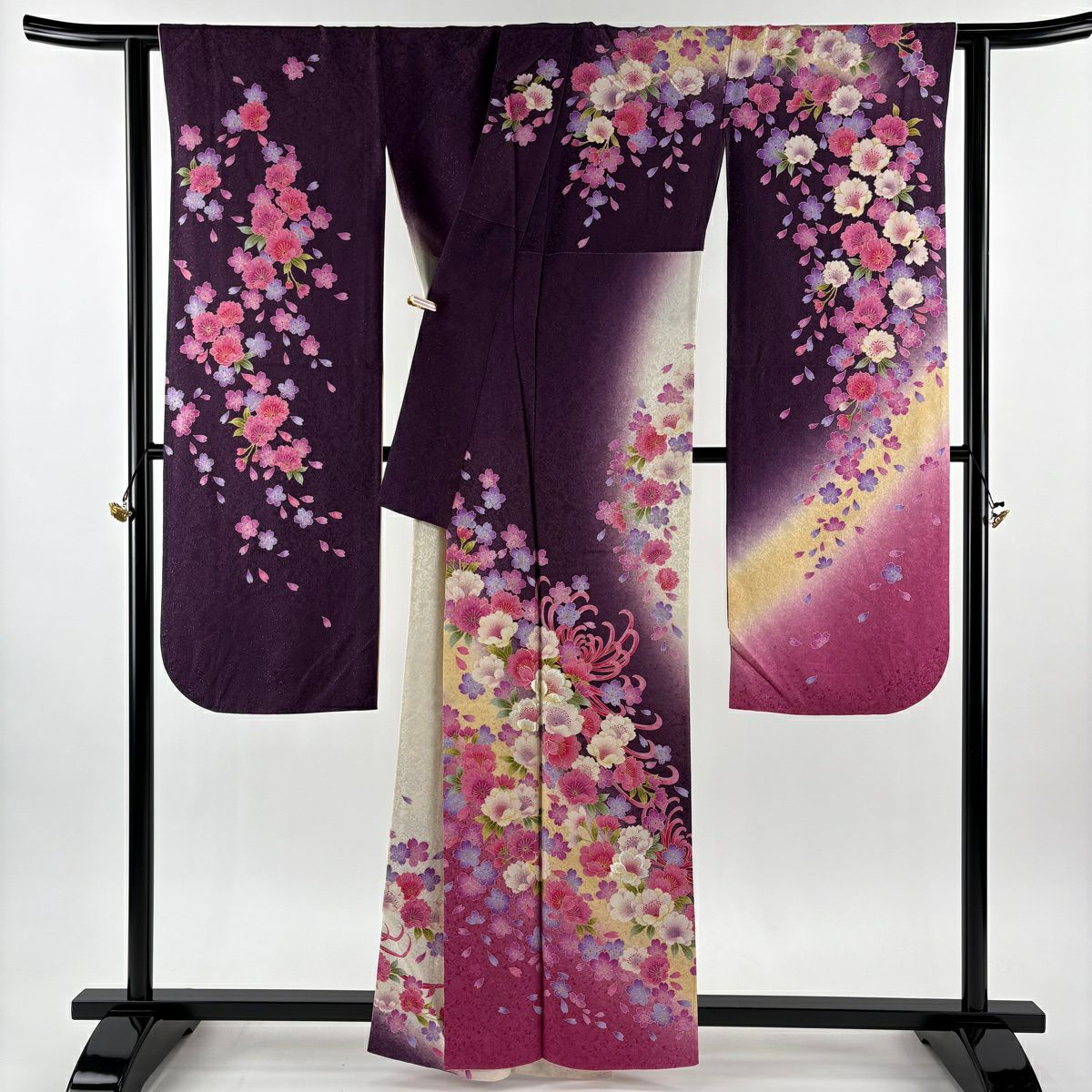 振袖禮服 身長161cm 袖長68cm L 雙層 櫻花 亂菊花 銀通刺繡 紫 純蠶絲 逸品級