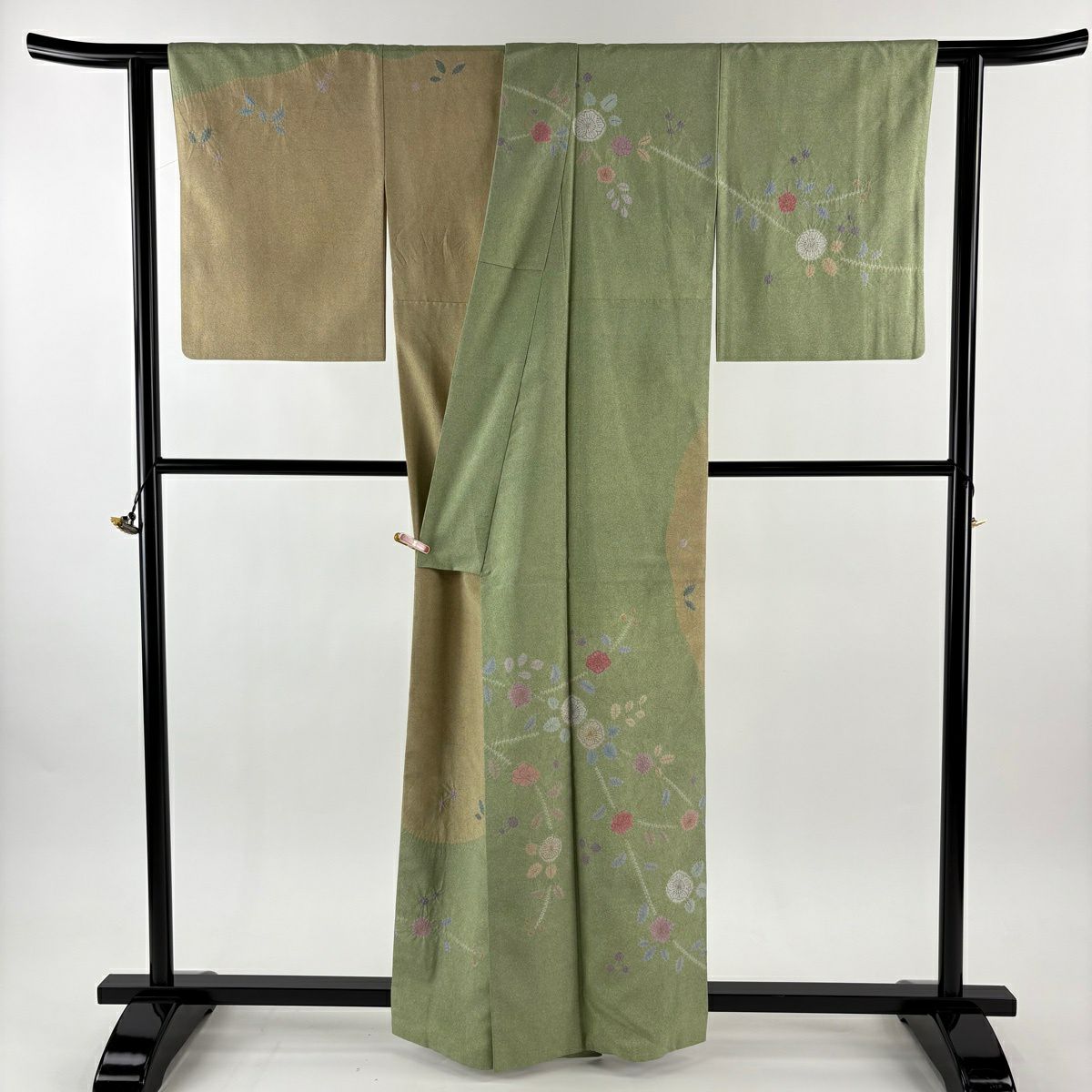 訪問服 身長161cm 袖長65cm M 雙層 牛首紬織織 地 落款あり 證書あり 辻花染 金銀彩 絞染 淺綠 純蠶絲 逸品級