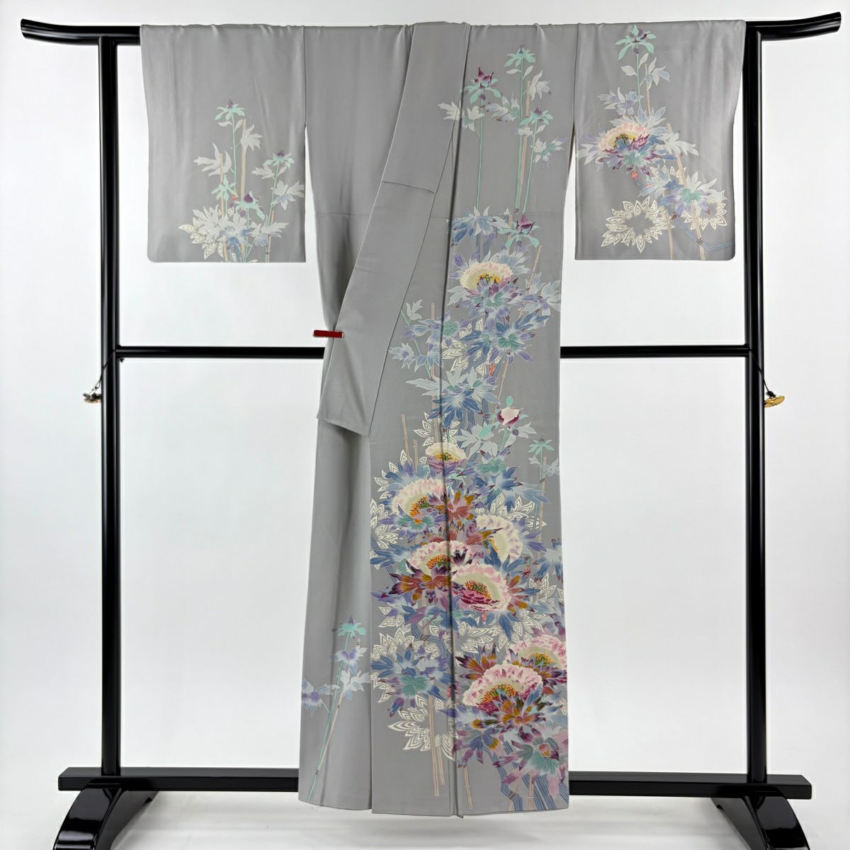 訪問服 身長157.5cm 袖長64cm M 雙層 村田雪司 落款あり 草花紋紋 灰 純蠶絲 逸品級 一つ紋