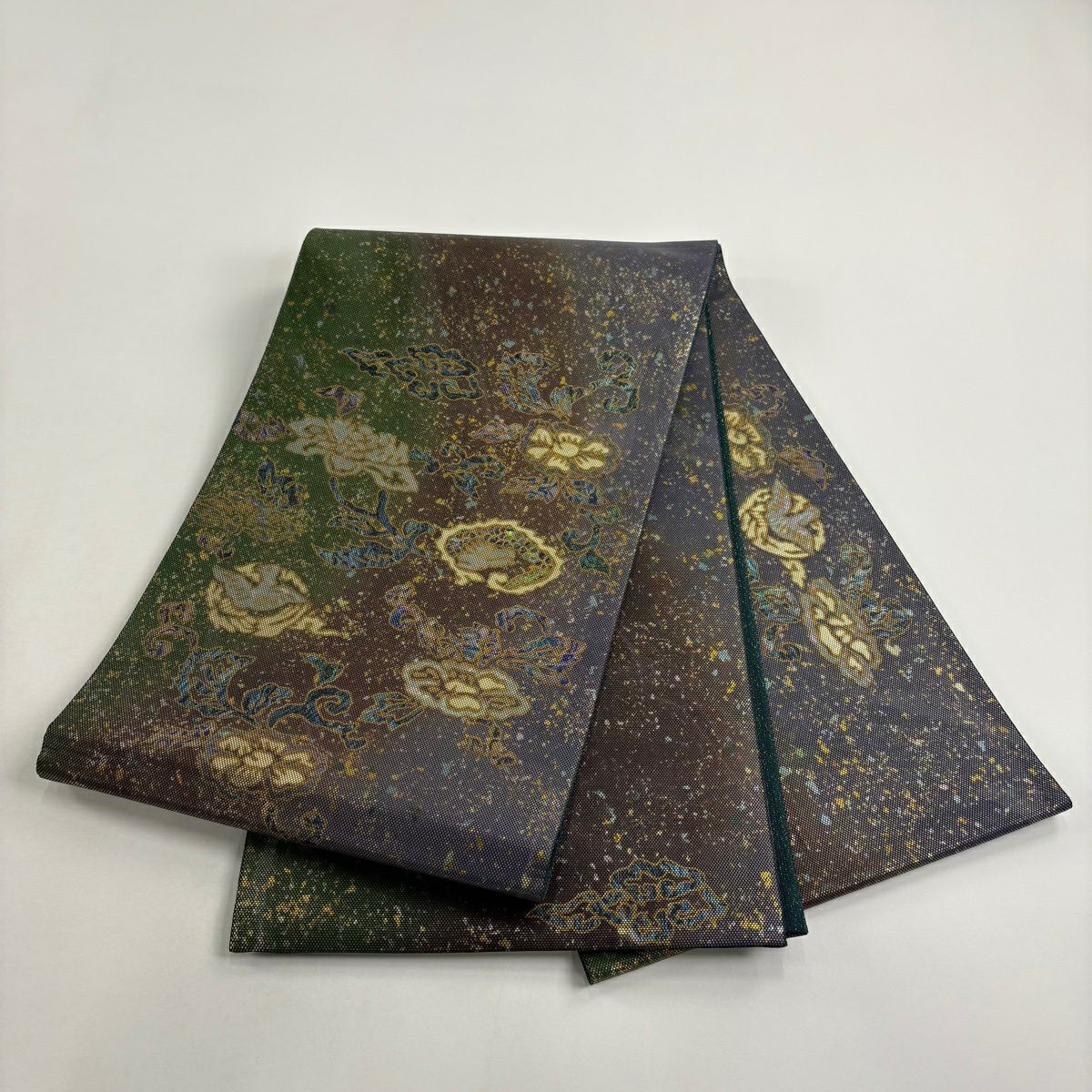 【美品】 袋帶 逸品級 落款あり 伝統金箔匠 木村幸啓 花唐草紋 鳥 螺鈿金箔 金銀彩 茶紫 お太鼓柄 純蠶絲