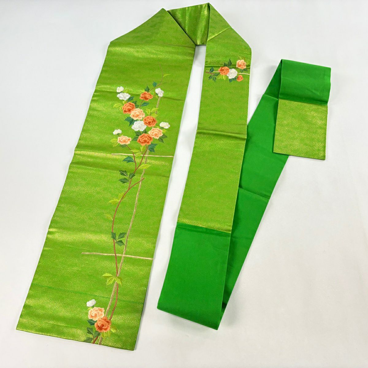 名古屋帶 優品級 枝花 刺繡 金金箔 綠 純蠶絲
