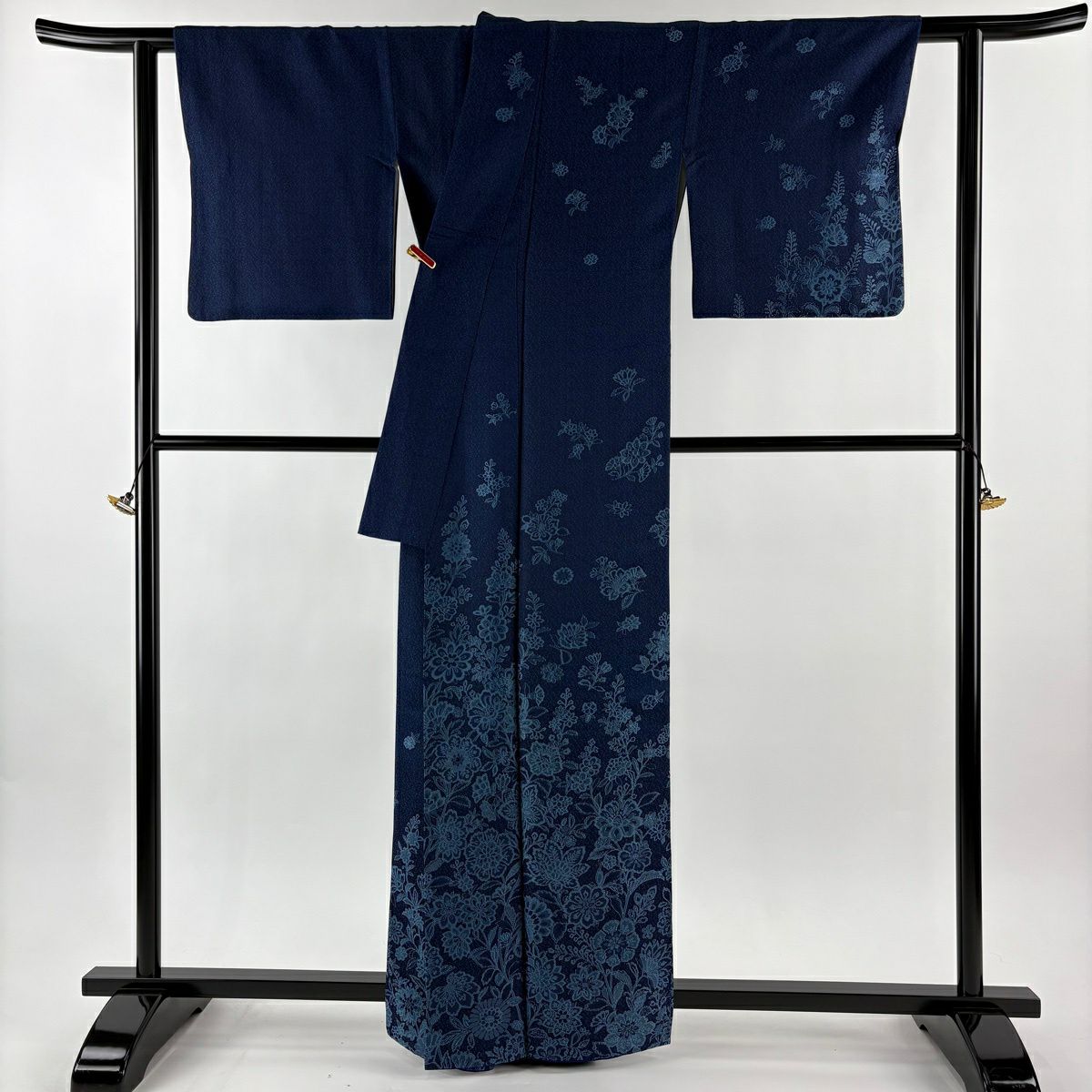 訪問服 身長161.5cm 袖長66cm M 雙層 草花紋紋 深藍 純蠶絲 逸品級