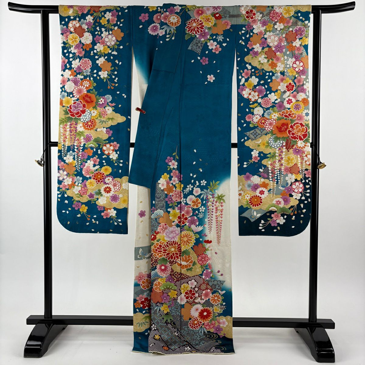 振袖禮服 身長169cm 袖長67cm M 雙層 草花紋紋 扇子面 銀通 金糸 青綠 純蠶絲 逸品級