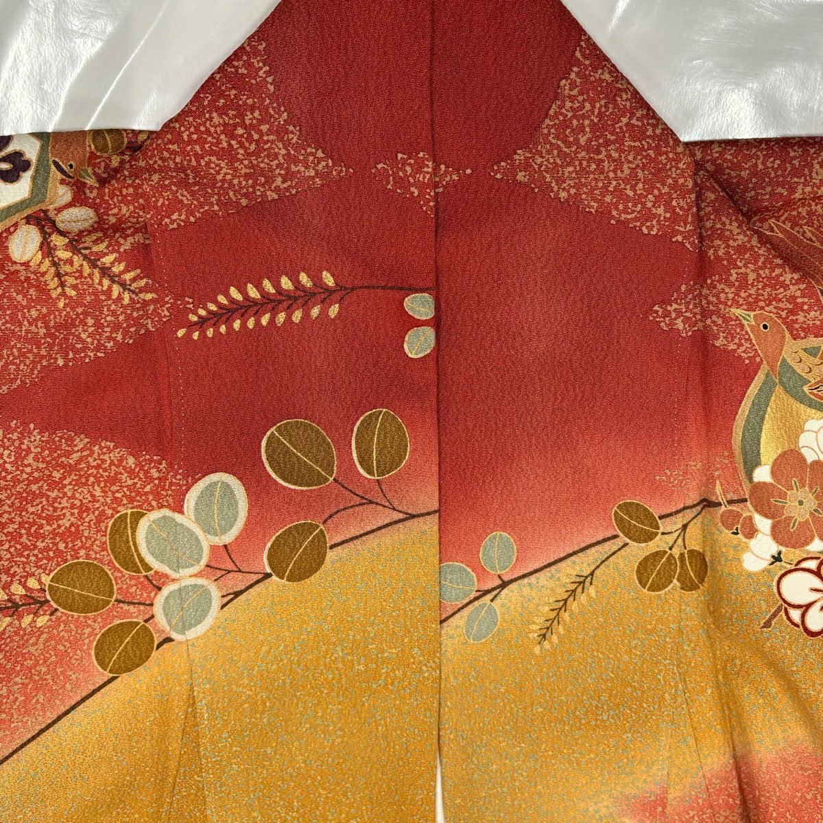 振袖禮服 身長156cm 袖長63.5cm S 雙層 花丸紋 鳥 金絲 金銀彩 茜 純蠶絲 秀品級