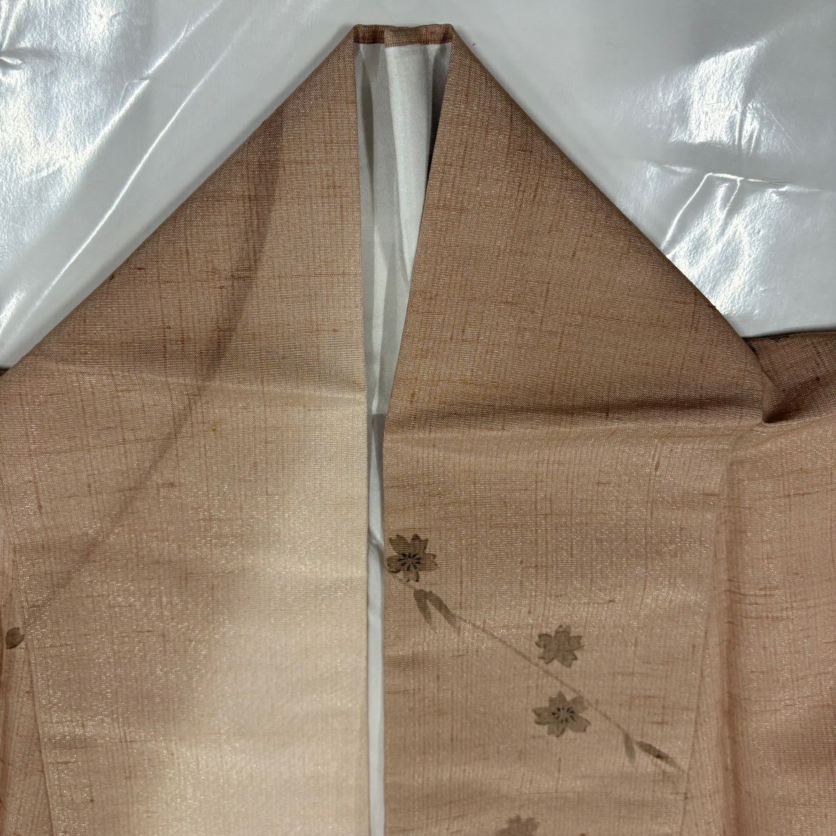 【美品】 小紋 身長159cm 袖長63cm S 雙層 紬織織 櫻花 金銀彩 粉米色 純蠶絲 秀品級