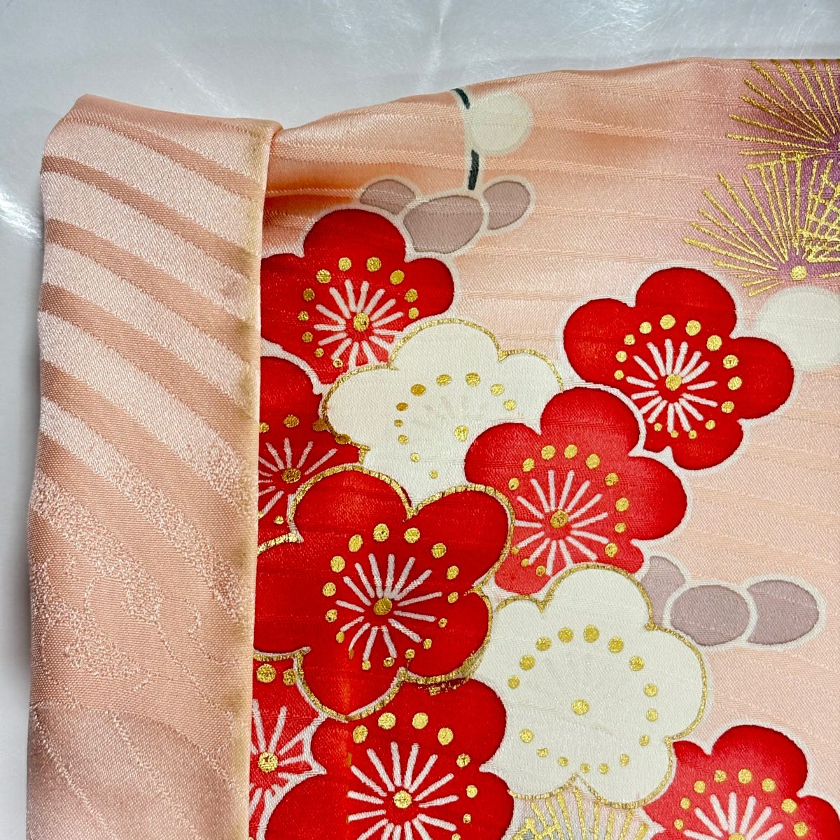 振袖禮服 身長160cm 袖長67cm M 雙層 菊花 松樹竹子梅花 金絲 金銀彩 淺粉色 純蠶絲 優品級