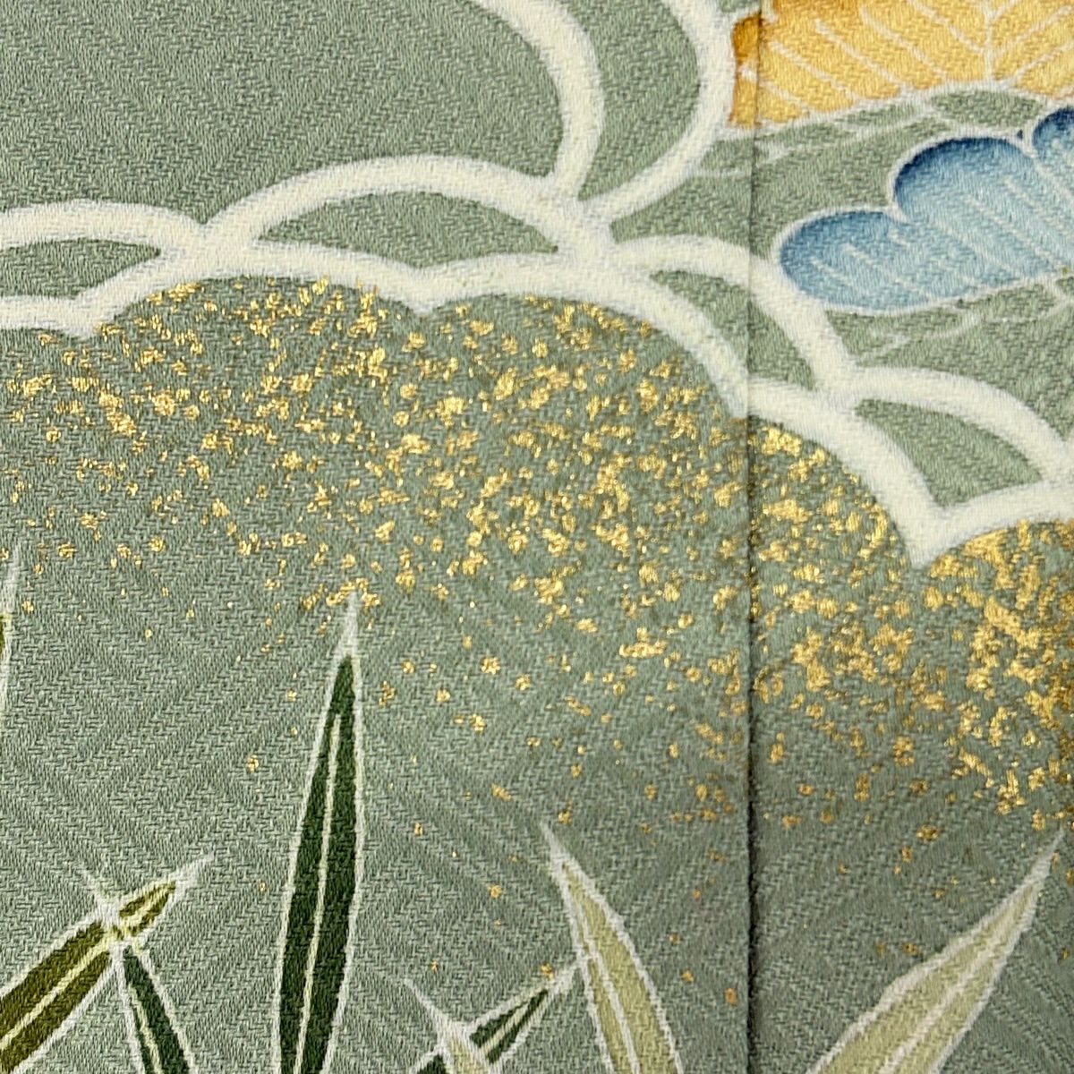 訪問服 身長161cm 袖長67cm M 雙層 松樹竹子梅花 菊花 刺繡 金糸 灰綠 純蠶絲 名品級