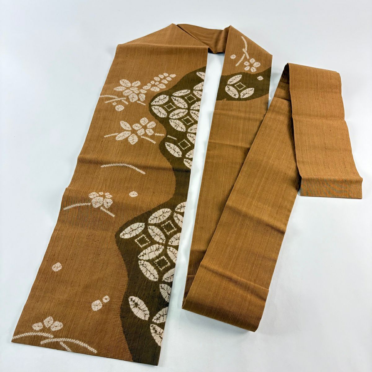 【美品】名古屋帶 秀品級 紬織織 七寶紋 花 絞染 茶 純蠶絲