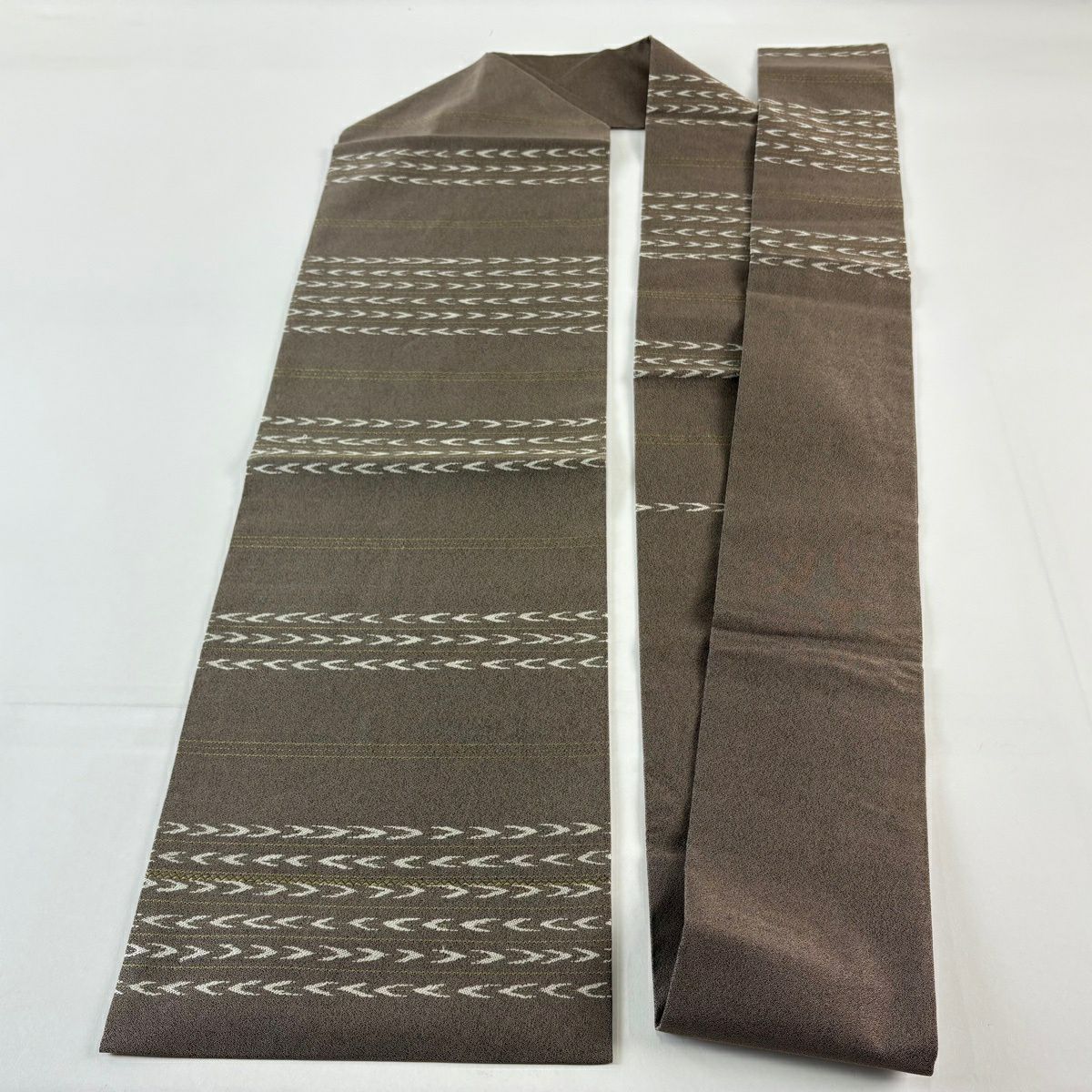 【美品】名古屋帶 優品級 幾何圖案 條紋 金絲 灰茶 純蠶絲