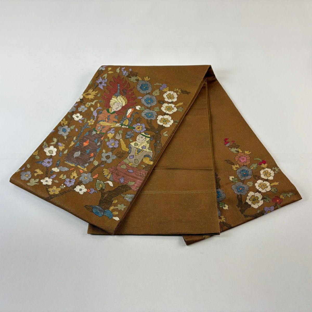 【美品】 袋帶 秀品級 人物 草花紋紋 金金箔 茶 純蠶絲