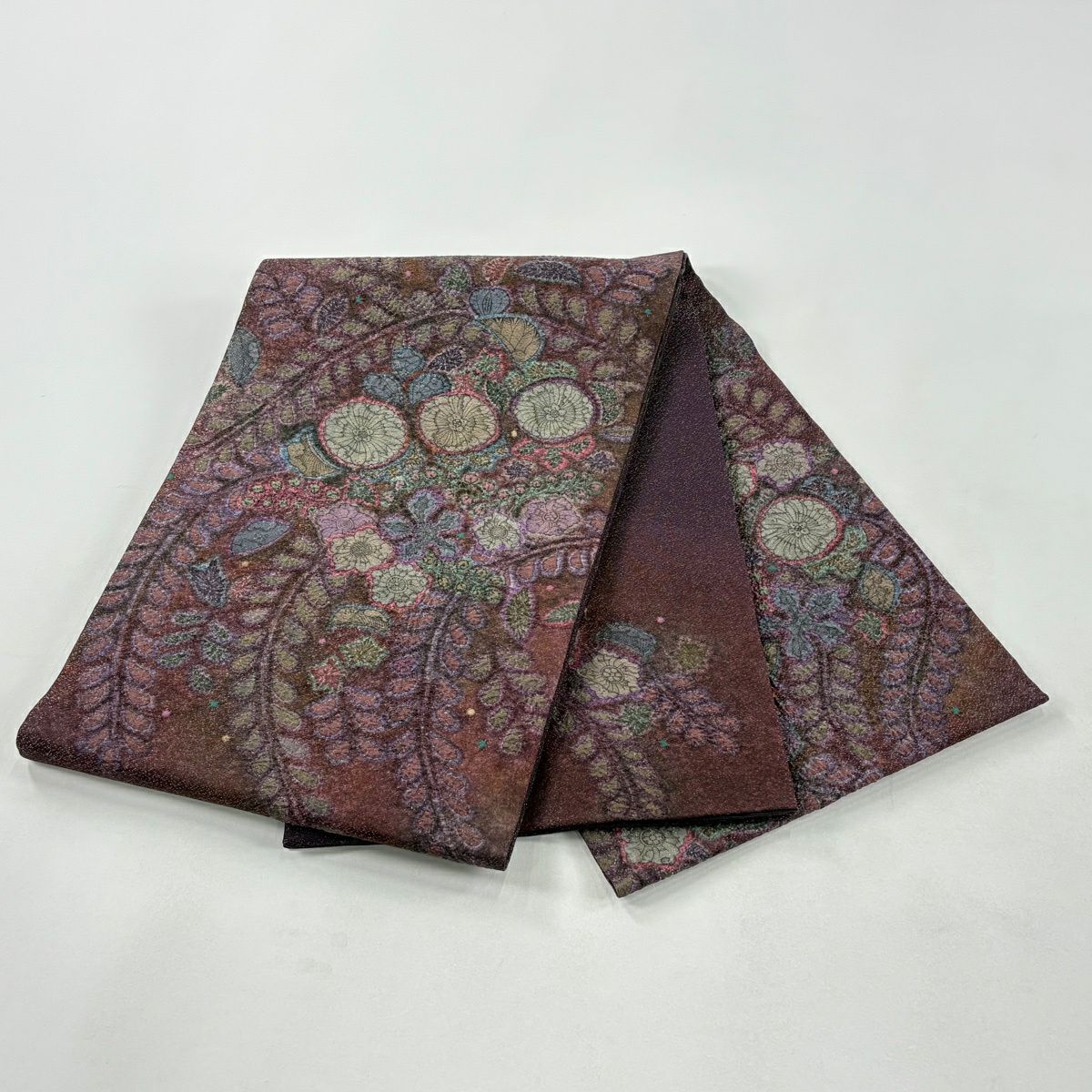 【美品】 袋帶 秀品級 辻花染圖案 金通 絞染 茶紫 お太鼓圖案 純蠶絲