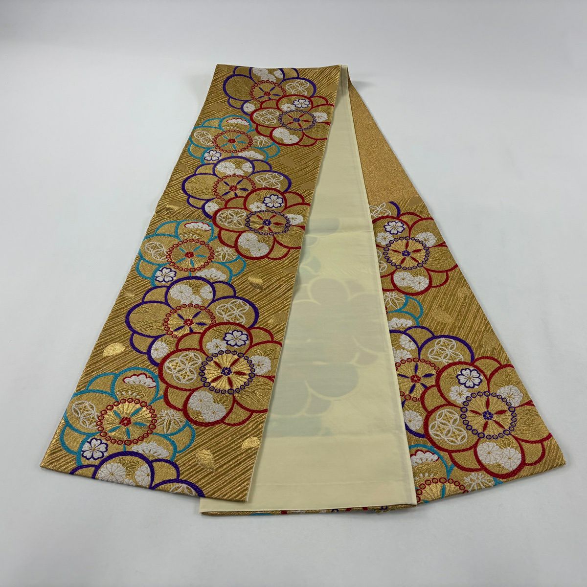 【美品】 袋帶 秀品級 松樹竹子梅花 櫻花 金糸 金金箔 金色 六通 純蠶絲